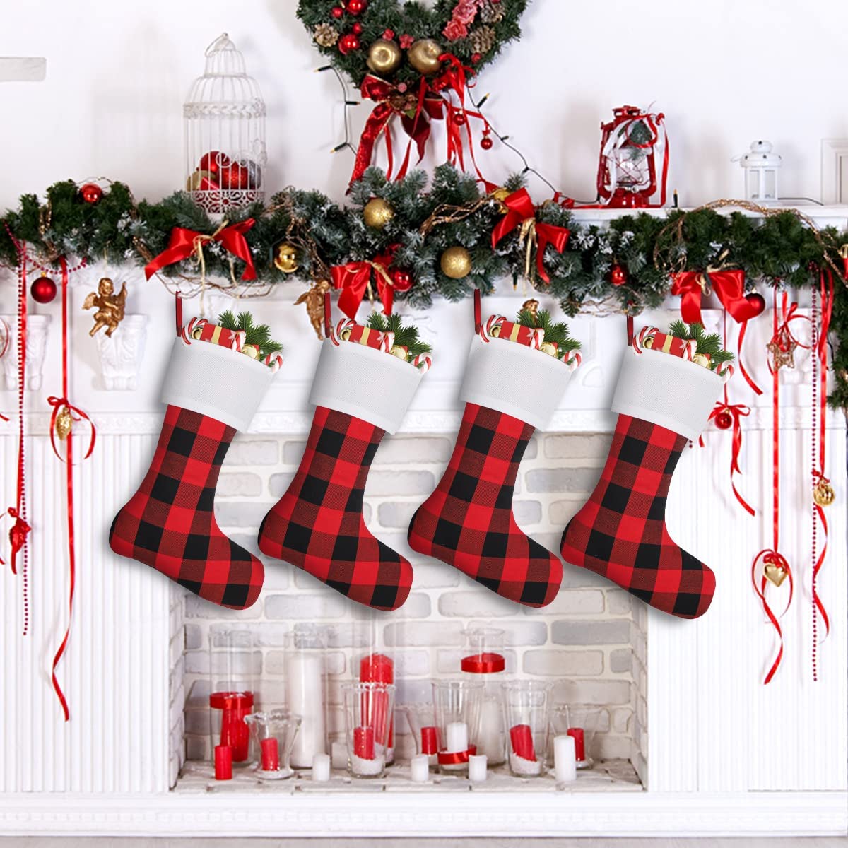 8 Pack Christmas Stockings 18 Inch - Buffalo Plaid Personalized Stockings for Family Holiday Decor, Xmas Party, Fireplace Mantel (White Cuff/Red Black Plaid) - Festive Home Decor & Gift Hanging Solution