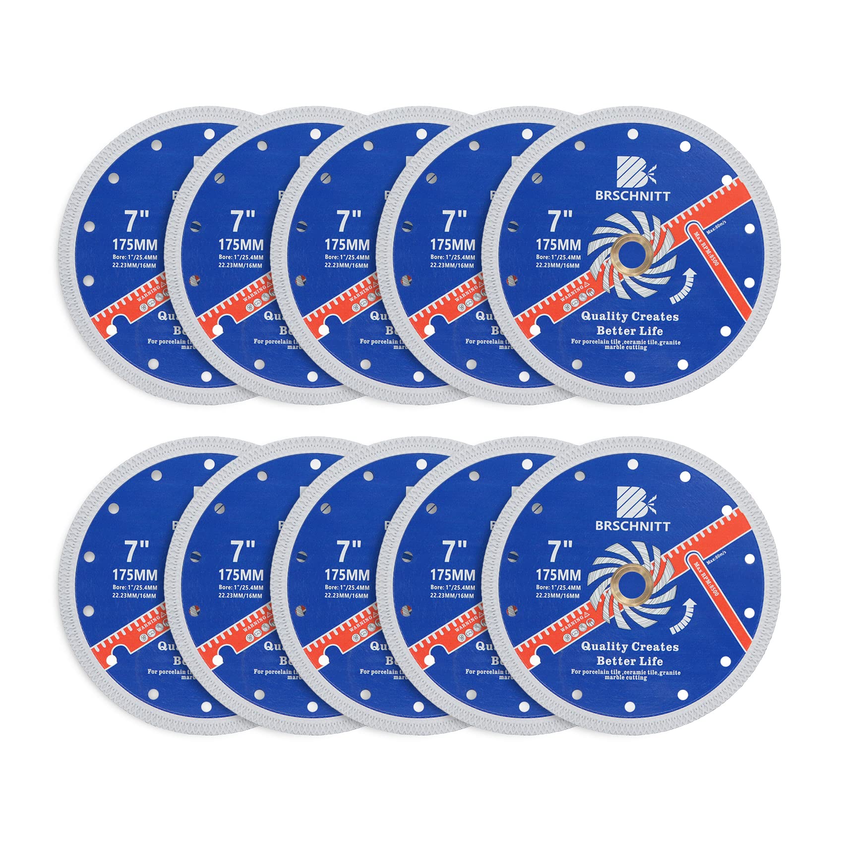 7 Inch (175mm) Diamond Porcelain Saw Blade - Ultra Thin X Teeth Design, 10 Pack - BRSCHNITT 1