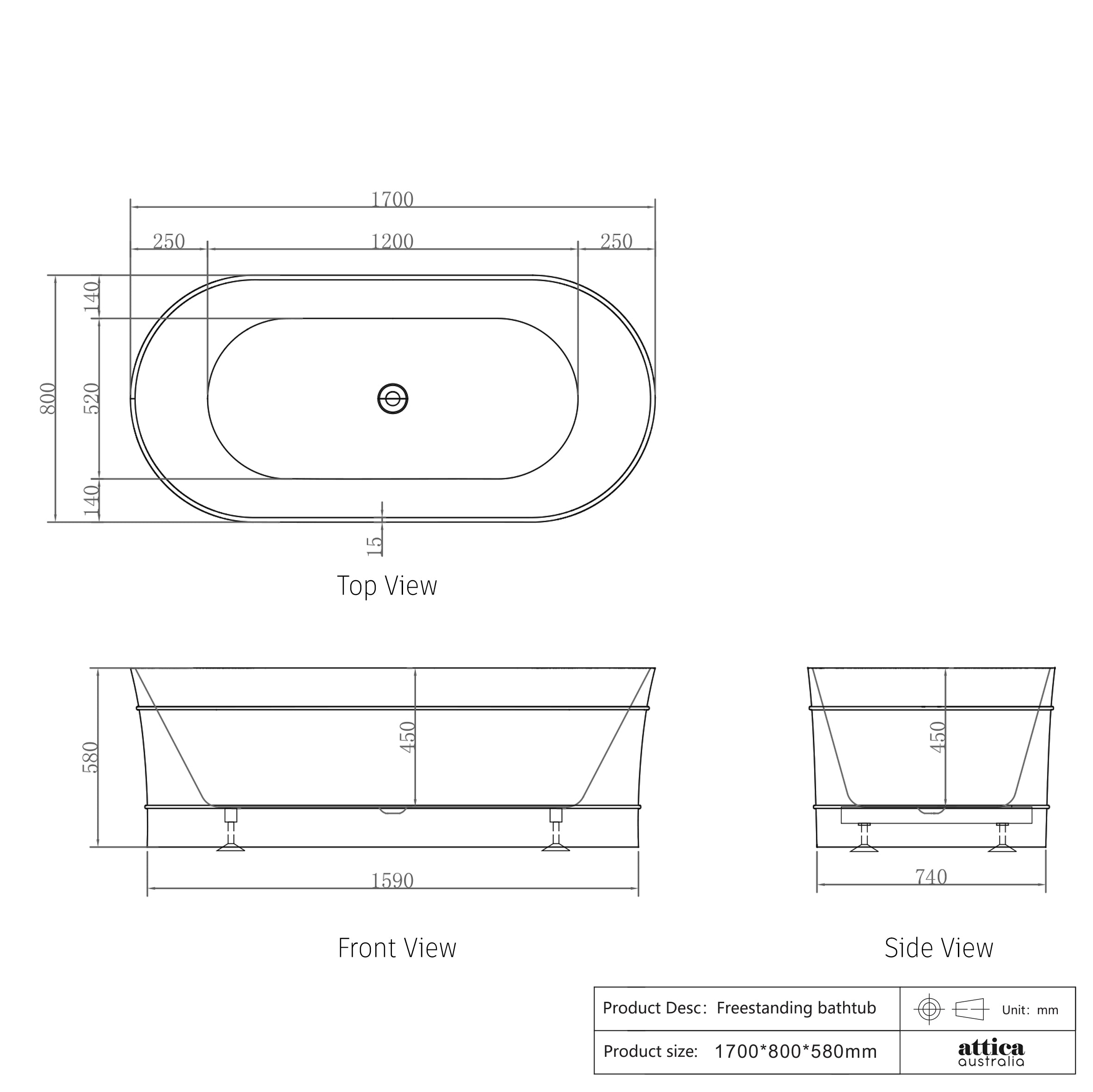 Bondi Freestanding Bathtub 1700mm Gloss White - Luxury Soaking Tub for Modern Bathroom & Spa Relaxation