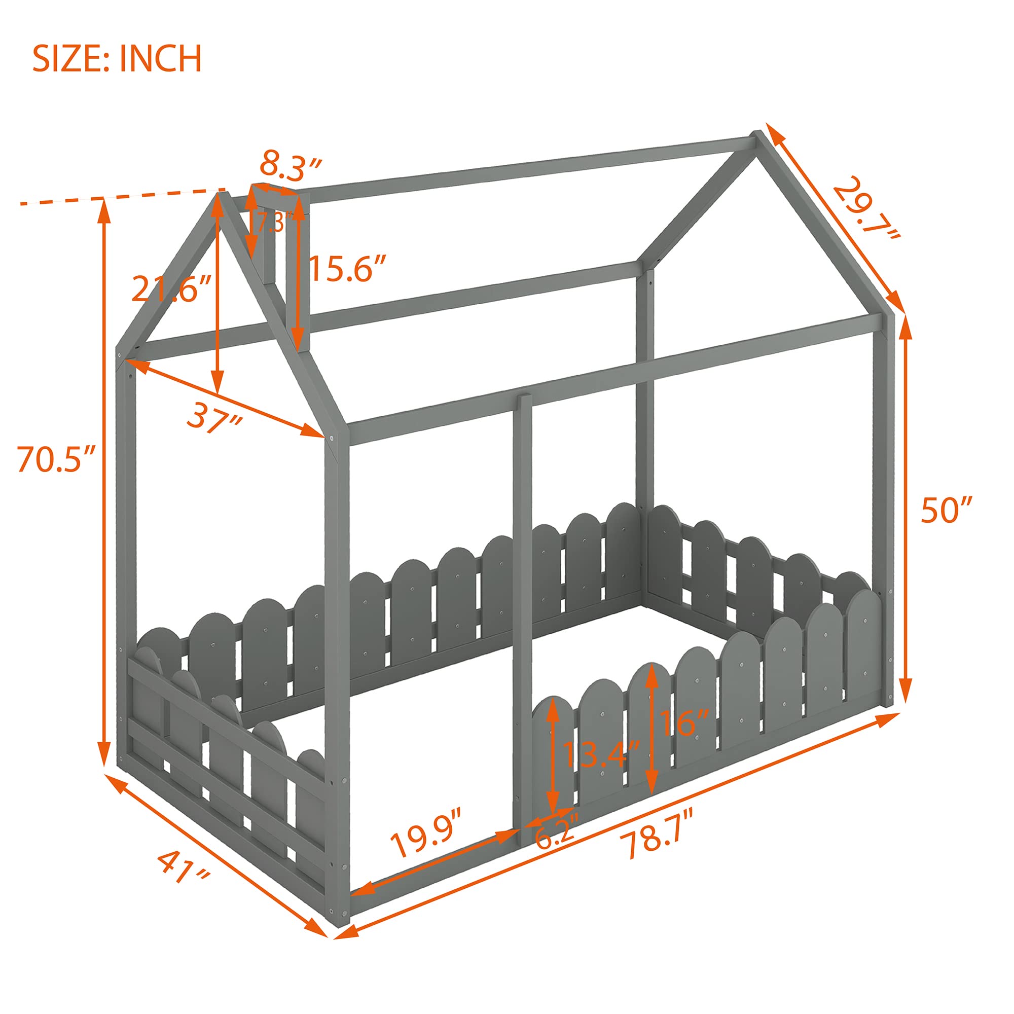 Twin Size Wooden House Bed with Fence and Roof - Kids Playhouse Bed Frame for Toddlers, Girls & Boys in Grey - Perfect for Bedrooms, Playrooms & Imaginative Play
