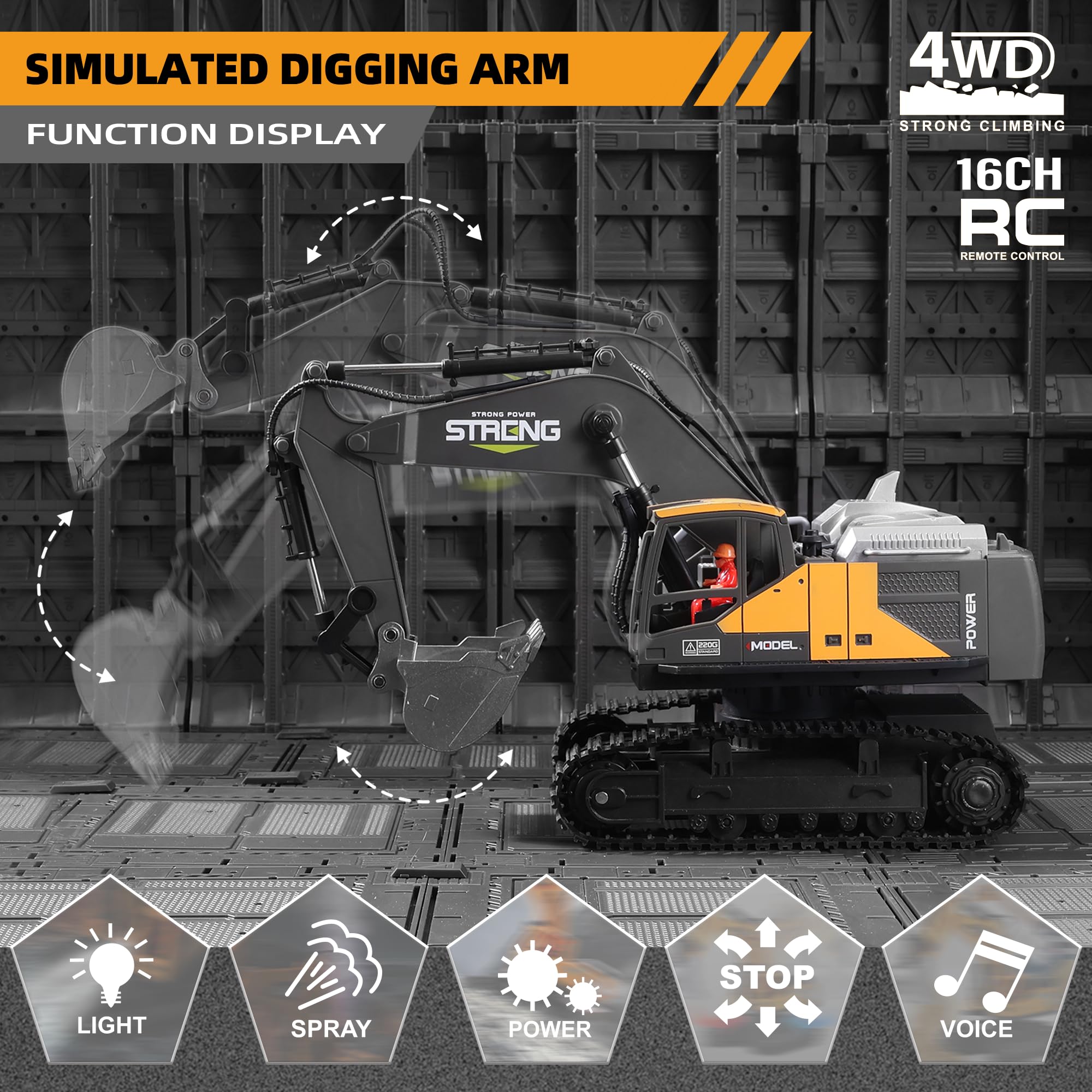 16 Channel Remote Control Excavator Toy - RC Construction Digger with Metal Head, One-Click Acceleration, Realistic Smoke/Sound/Lights - Best Gift for Boys Ages 6-12 | Outdoor Play, Construction Pretend, Birthday Present