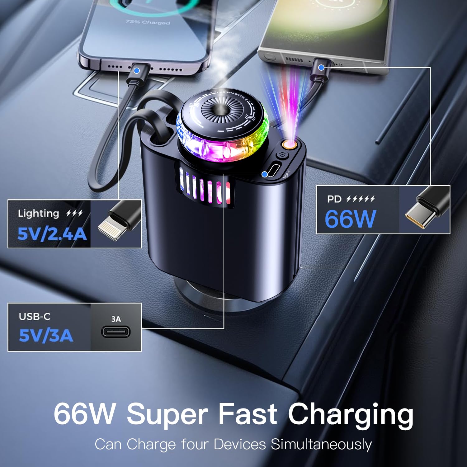 Fast Charging Retractable Car Charger with USB-C & Starlight Essential Oil Diffuser - Compatible with iPhone 16/16 Pro Max/15/14/13/12/11, Galaxy S25/S24/S23 Ultra, Pixel - Perfect for Road Trips & Aromatherapy While Driving