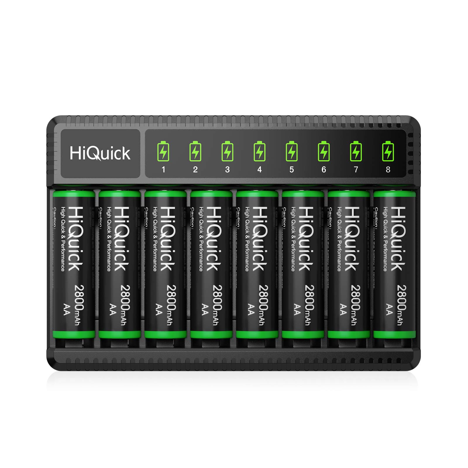 HiQuick 2800mAh Rechargeable AA Batteries 8-Pack with 8 Bay Smart Charger - High Capacity Ni-MH Ni-CD Double A Batteries for Cameras, Flashlights, Toys & Electronics - Fast Charging & Long Lasting Power