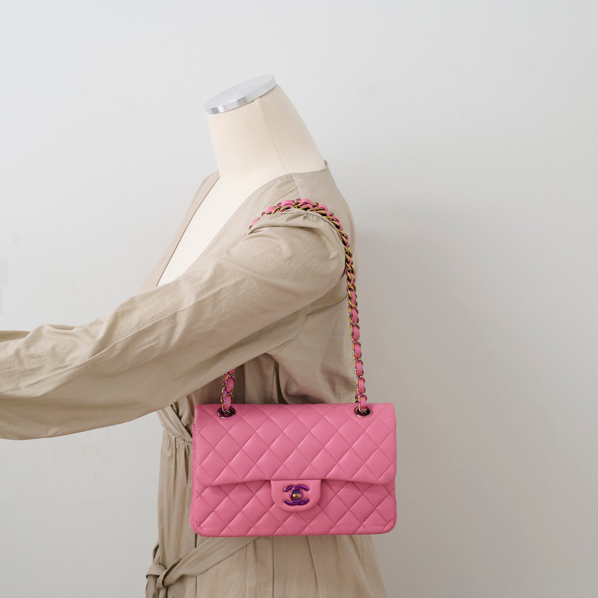 Chanel Small Double Classic Flap Bag in Pink & Yellow | Luxury Designer Crossbody Purse for Women | Perfect for Date Night & Special Occasions