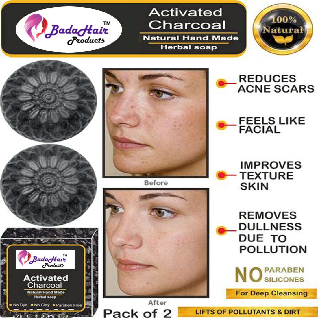 Badahair Charcoal Bath Soap for Face & Body - Deep Cleansing, Skin Brightening & Whitening, Removes Dirt & Germs, Natural Skin Protection (Set of 2) - Perfect for Daily Skincare Routine & Acne-Prone Skin