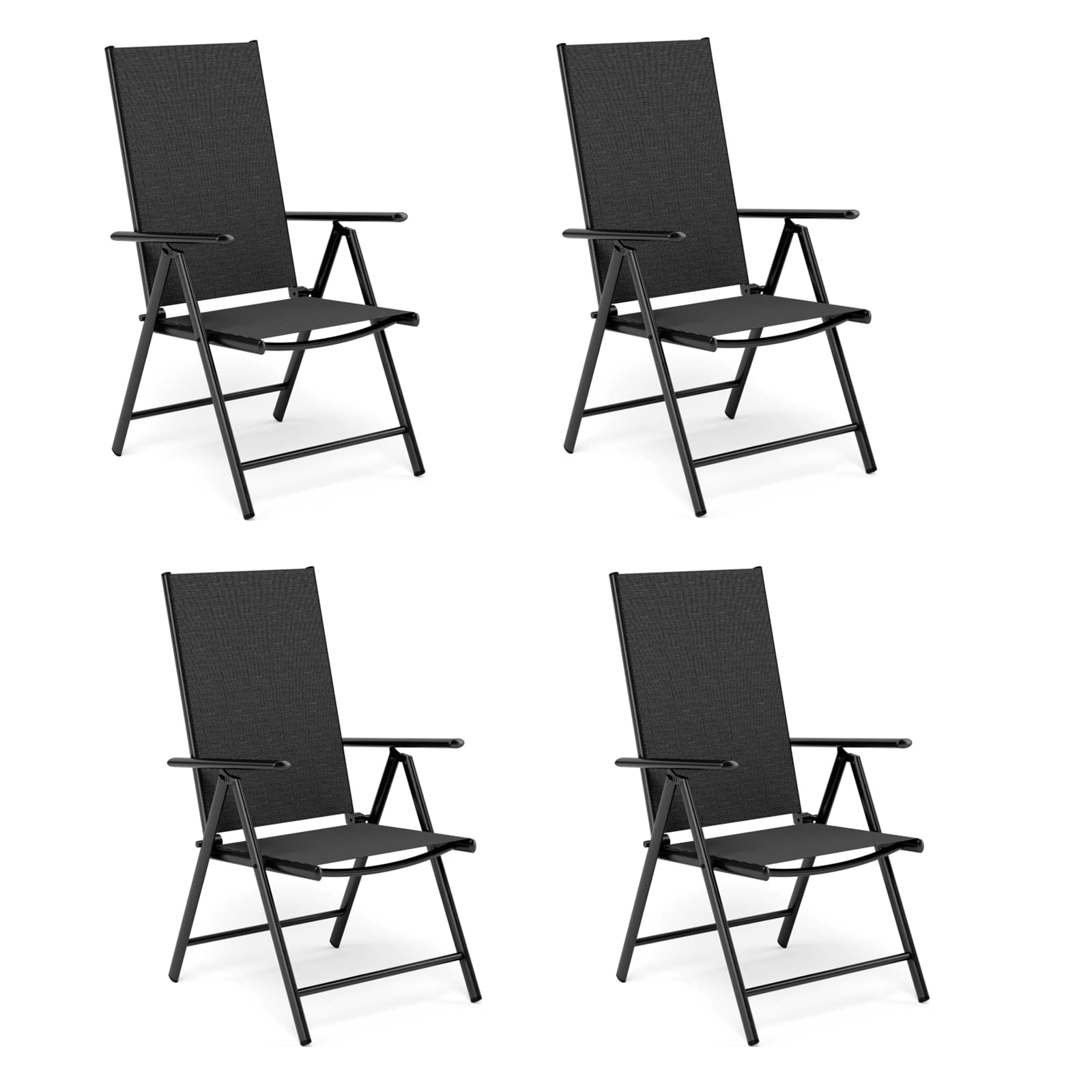 MFSTUDIO 4-Pack Folding Patio Chairs - Adjustable Black Sling Outdoor Dining Chairs for Backyard, Garden, Lawn & Poolside - Portable & Space-Saving for BBQs, Camping & Picnics