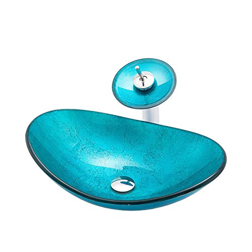 LEFEDA Blue Tempered Glass Bathroom Vessel Sink with Waterfall Faucet - Oval Above Counter Basin with Drain Combo | Modern Artistic Vanity Sink for Powder Room, Guest Bath & Luxury Home Decor