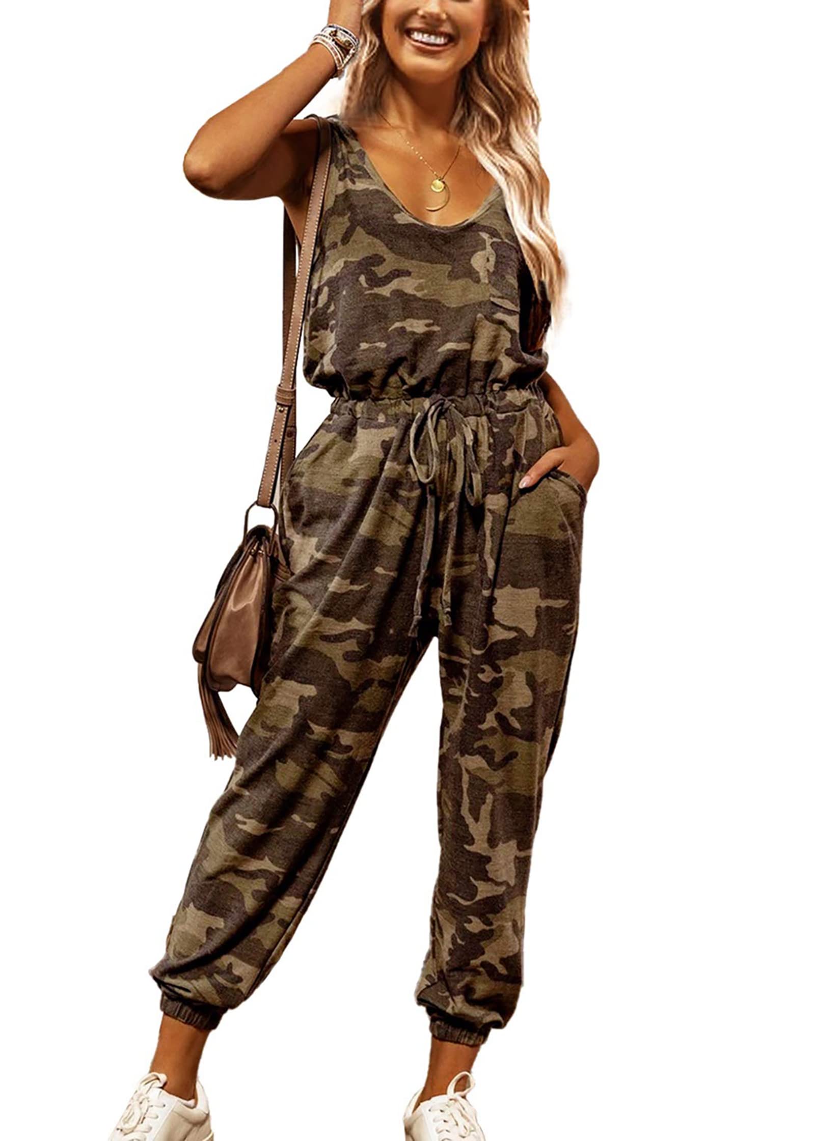 KIRUNDO Women's 2025 Summer Jumpsuit - Sleeveless Casual Romper with Drawstring Elastic Waist & Pockets | Perfect for Beach Vacation, Outdoor Activities & Lounge Wear