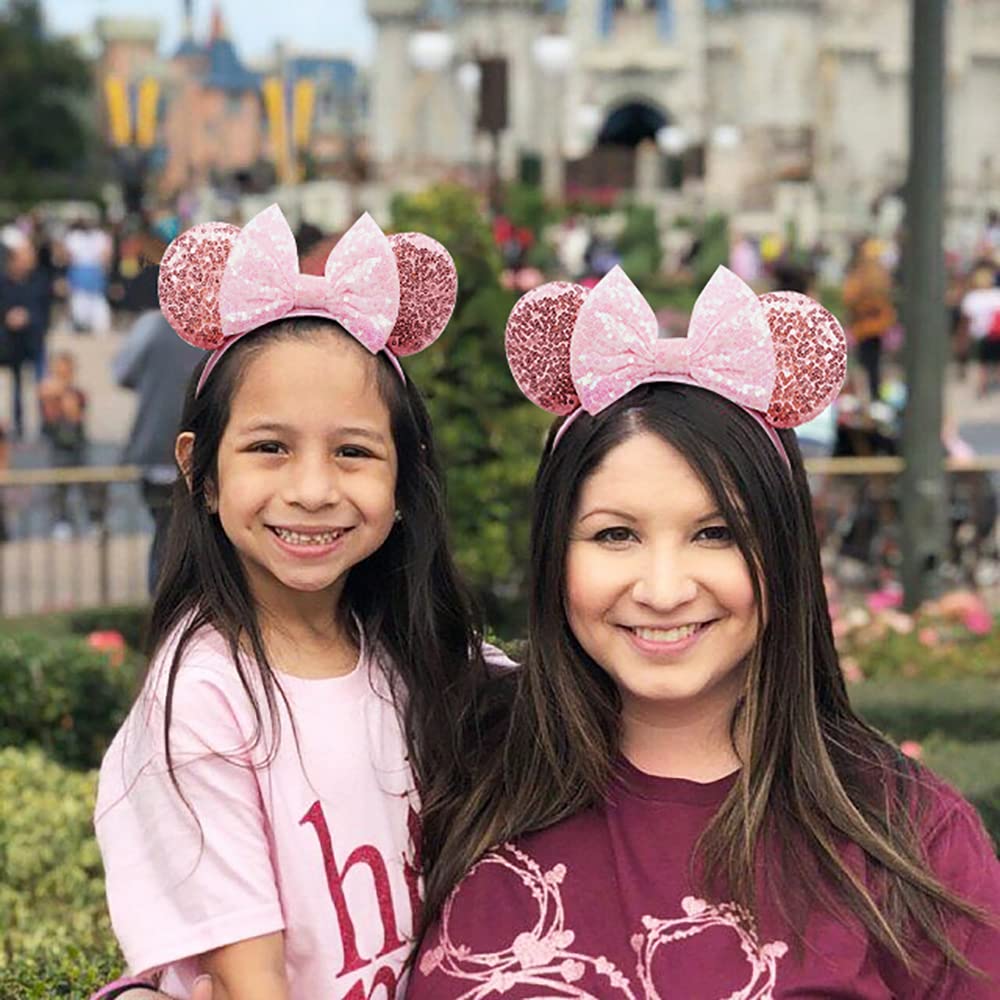 Sparkly Pink Bow Mouse Ears Headbands for Women - Disney Inspired Hair Accessories for Halloween, Christmas, Birthdays, Cosplay & Princess Parties - Perfect for Theme Parks, Costume Events & Photo Shoots