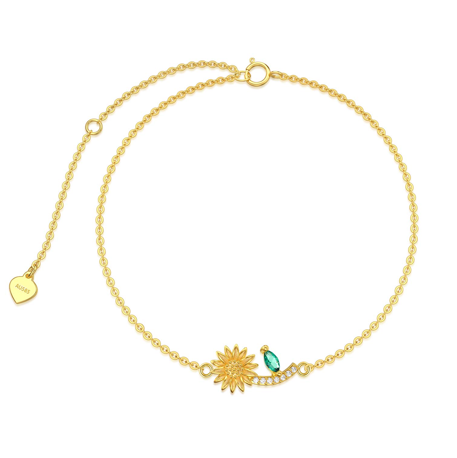 14k Solid Gold Sunflower & Heart Charm Bracelet for Women - Dainty Adjustable Bracelet for Girls, Graduation Gifts, Birthday Present, Valentine's Day Jewelry - Perfect for Everyday Wear & Special Occasions