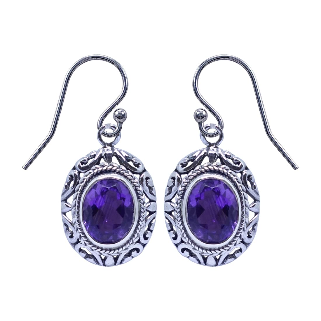 Handmade 925 Sterling Silver Purple Amethyst Gemstone Filigree Drop Dangle Earrings for Women - Unique Tribal Fashion Jewelry Gift for Birthday, Wedding & Special Occasions