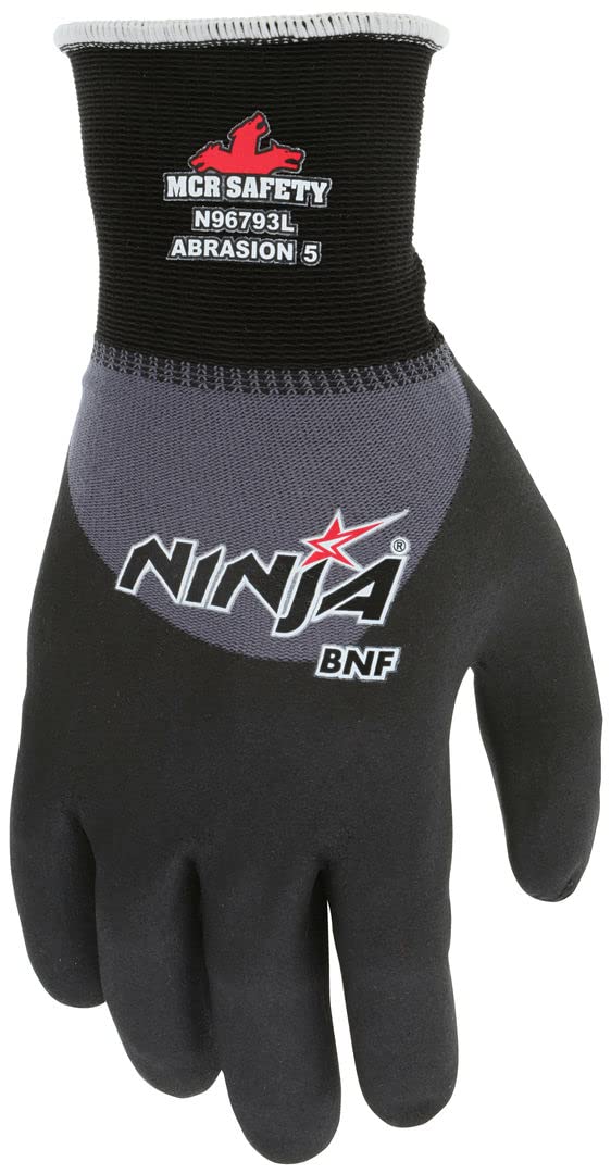 MCR Safety N96793L Ninja BNF Work Gloves - 15 Gauge Nylon/Spandex Shell with NFT Coated Knuckle Palm - Large Size, Black - Ideal for Construction, Warehouse & DIY Projects