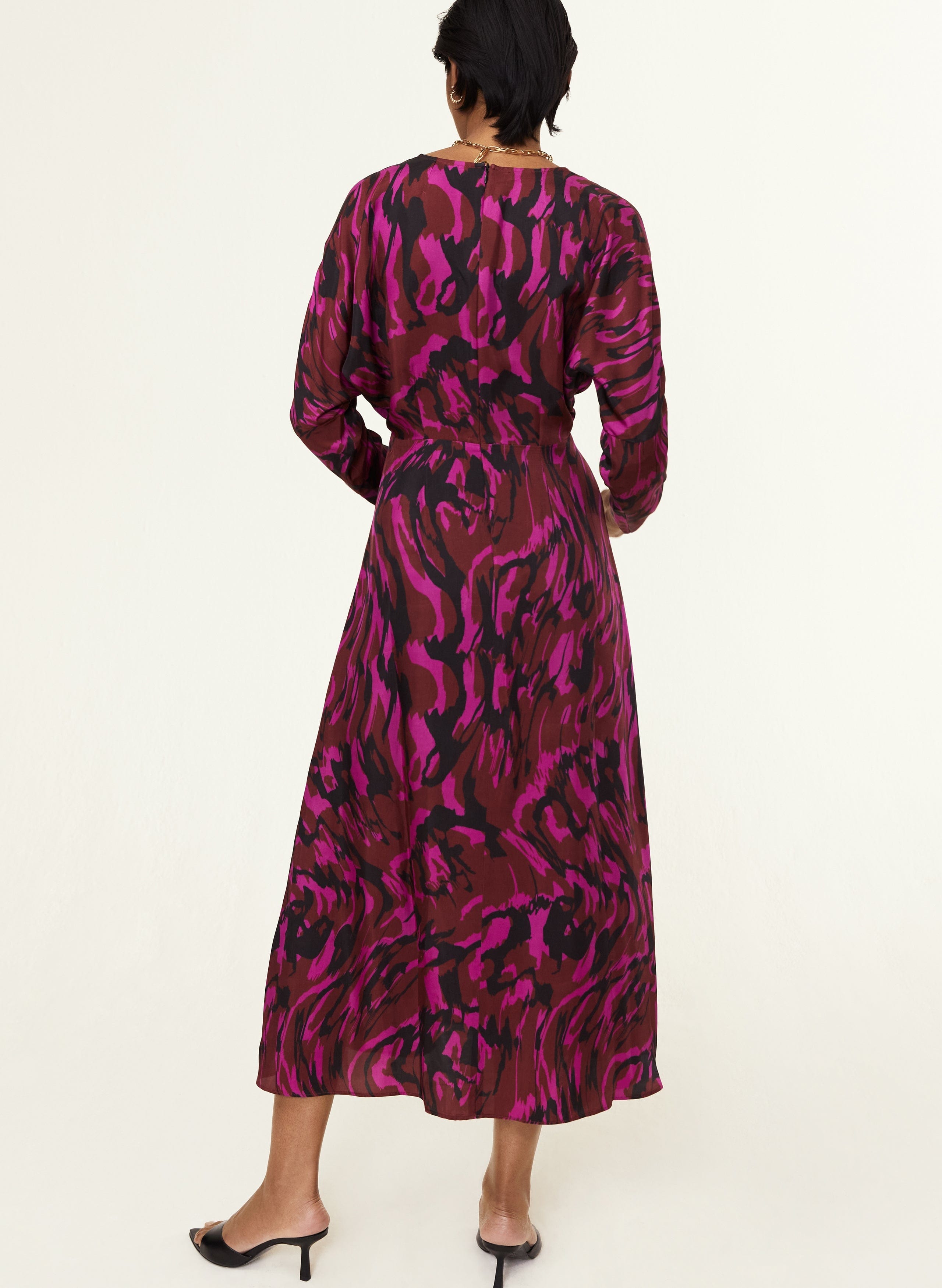 Ekaterina Women's Viscose Satin Dress - Flowy Magenta Swirl Print Midi Dress for Party, Wedding & Special Occasions