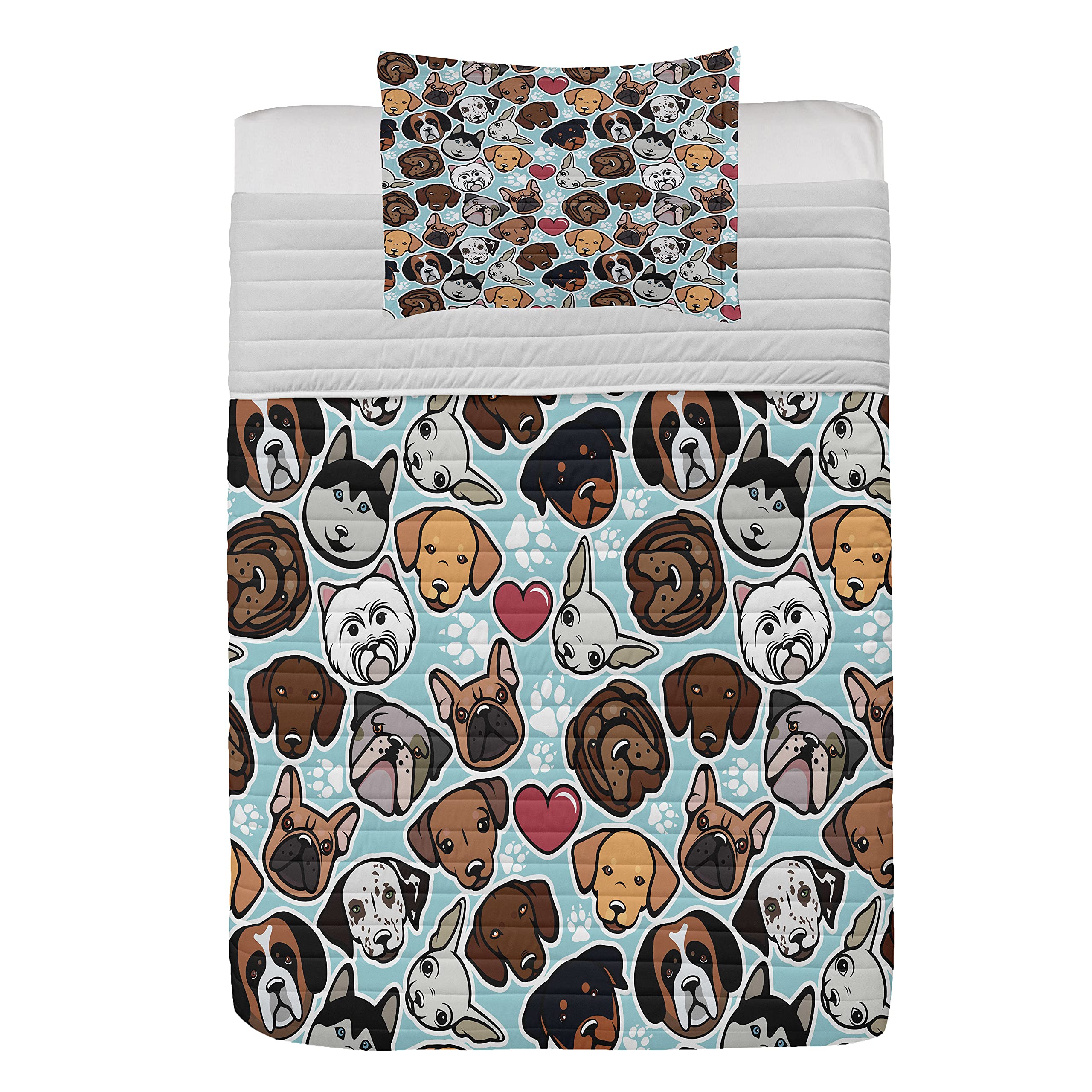 Ambesonne Dog Lover Microfiber Bedspread Set - Bulldog, Chihuahua, Siberian & Retriever Design with Heart Paw Prints | Soft Twin Size Comforter with Pillow Shams | Blue & Brown Pet Themed Bedding | Perfect for Dog Lovers' Bedrooms, Pet-Friendly Homes & Cozy Pet Spaces