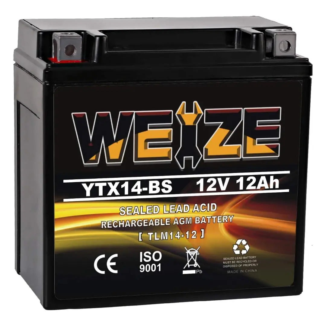WEIZE YTX14-BS 12V 12Ah AGM Sealed Lead Acid Battery - High Performance, Maintenance Free ATV/Motorcycle Battery - Compatible with Honda, Suzuki, Kawasaki, Yamaha Scooters & Snowmobiles - Perfect for Off-Road Adventures, Winter Riding & Powersports Vehicles