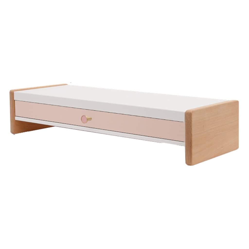 Carbon Steel Monitor Stand with Wooden Legs & Drawer - 65 x 22.6 x 13cm White & Pink Desktop Organizer for Computer, Laptop, Office - Perfect for Home Office, Workspace & Gift for Women