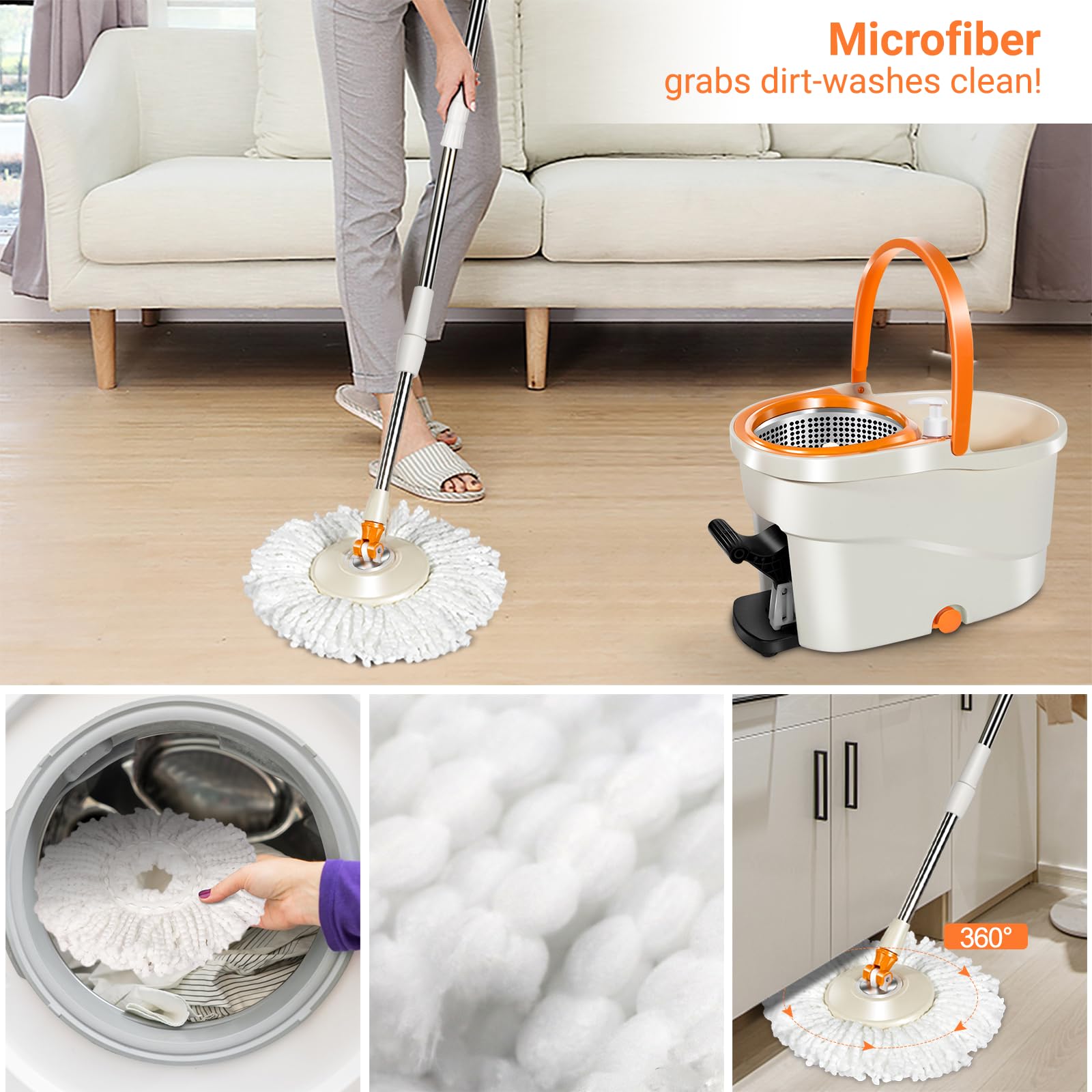 MASTERTOP Spin Mop and Bucket Set with Wringer - Microfiber Floor Mop for Hardwood & Laminate Floors - Easy Foot Pedal Cleaning System Includes 5 Replacement Mop Heads - Perfect for Home, Kitchen, and Bathroom Cleaning