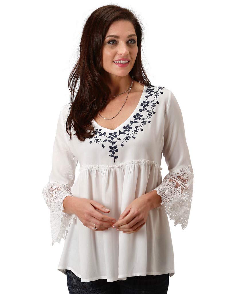 **Roper Western Shirt for Women - 3/4 Sleeve Floral Print Blouse in White (Style 03-050-0565-3016) | Perfect for Casual Wear, Country Outings & Western-Themed Events**