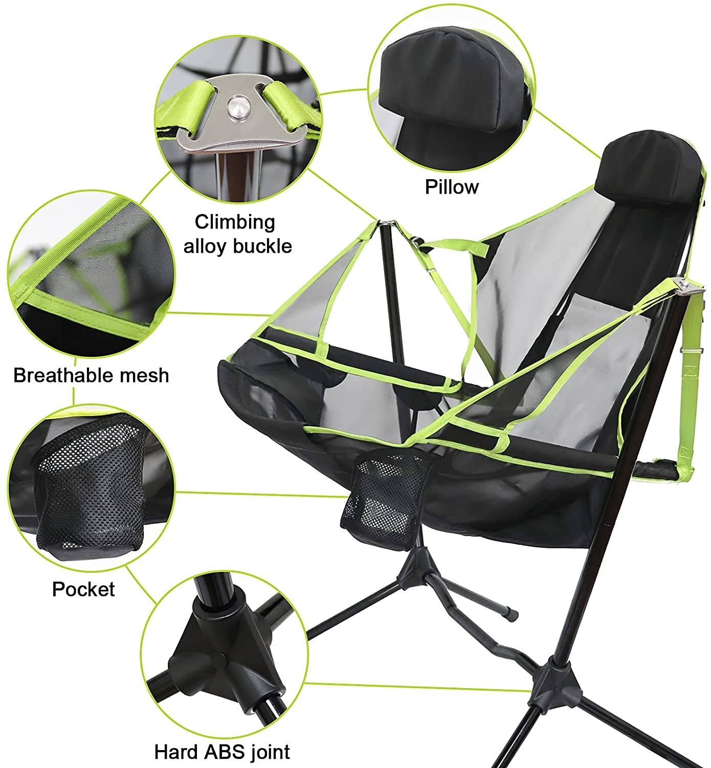 Ultralight Folding Reclining Camping Chair with Pillow - Portable Rocking Moon Chair for Outdoor, Beach, Picnic & Travel - Perfect for Camping, Fishing, Stargazing & Backyard Relaxation (Light Green)