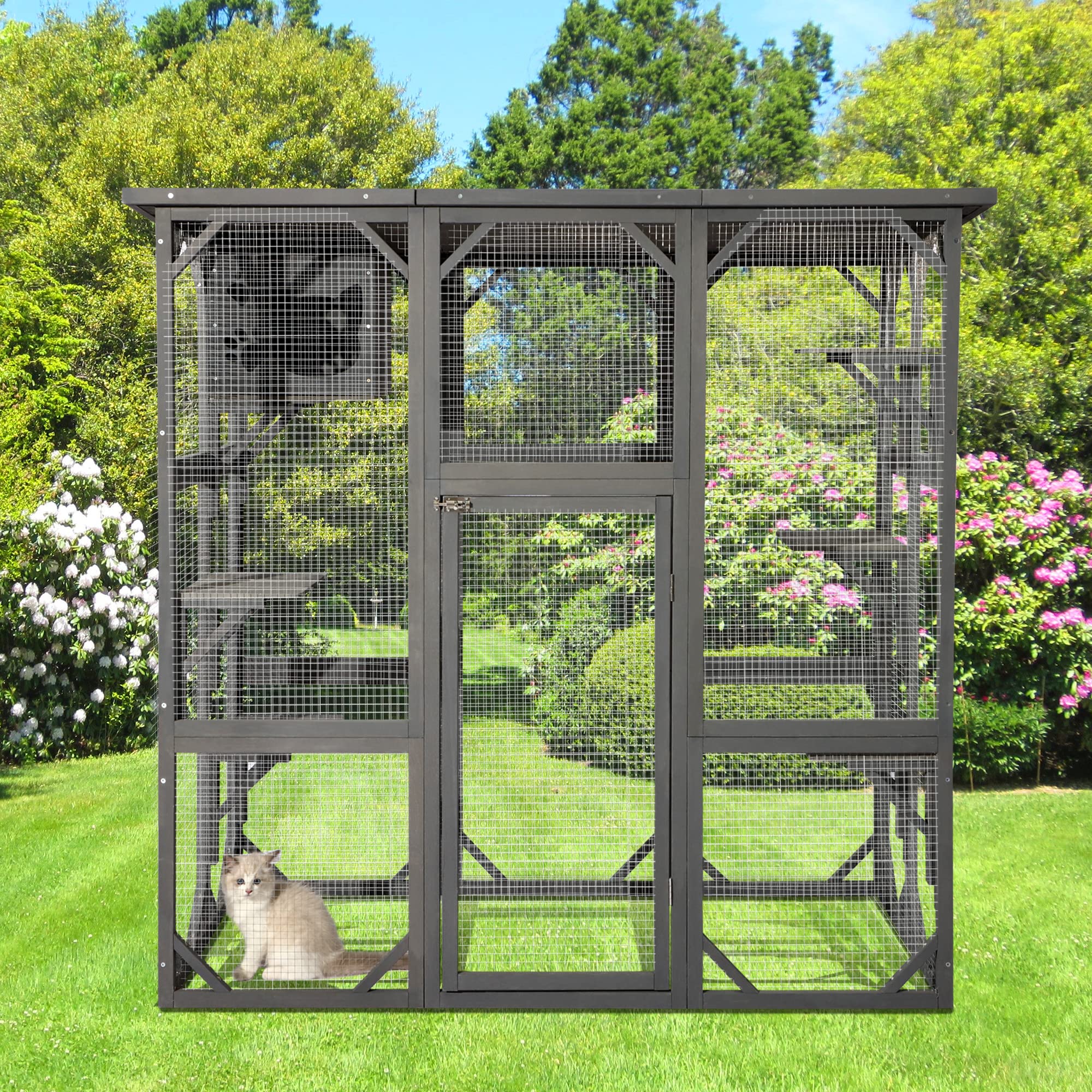 Outdoor Catio Enclosure - Weatherproof Wooden Cat House with Playpen & Platform for Indoor/Outdoor Use