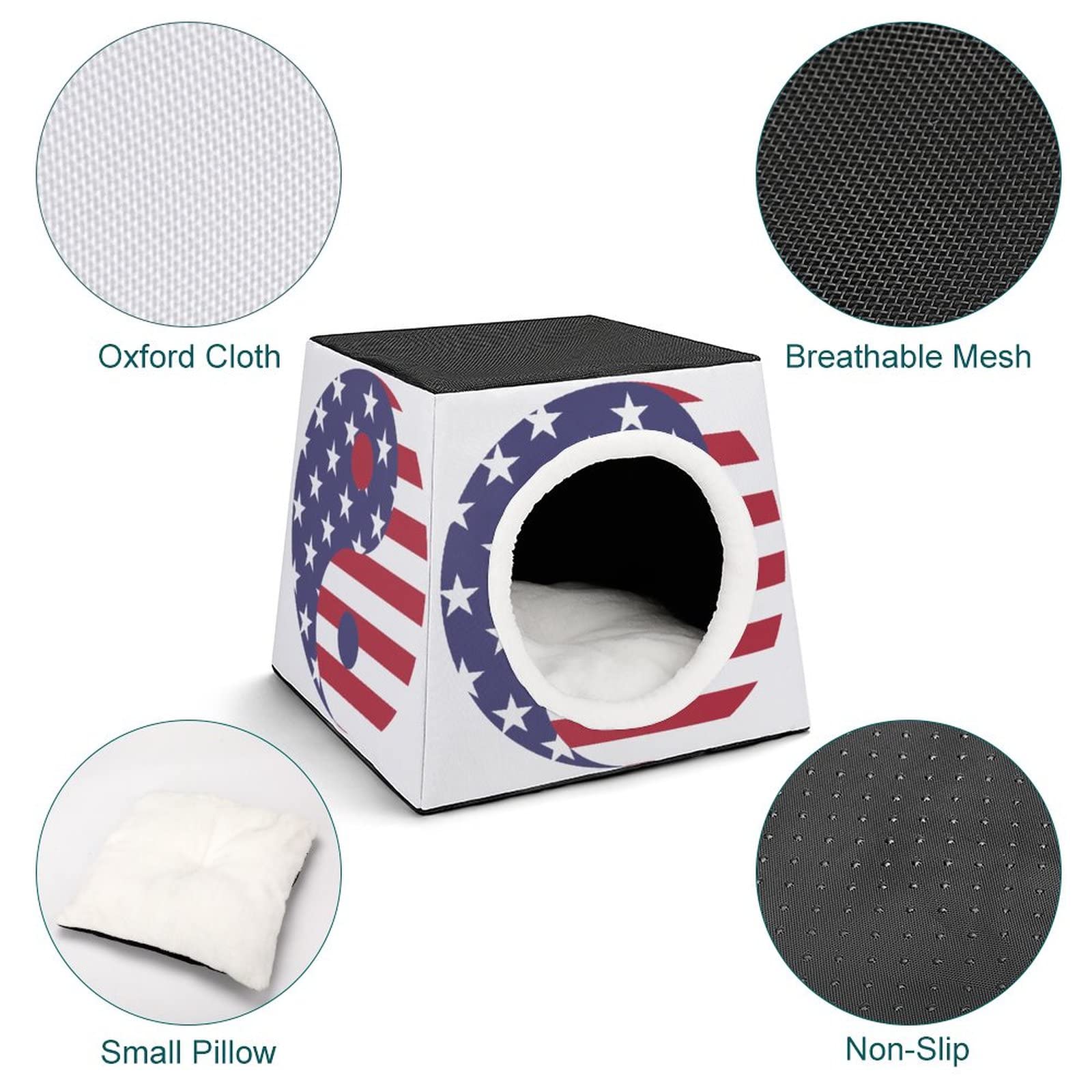 3-in-1 Cat House with USA Flag & Taichi Print - Indoor/Outdoor Cat Bed, Sofa & Shelter for Kitties | Perfect for Home, Patio & Travel Use