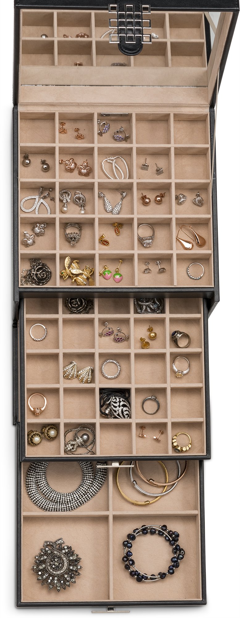 Elegant PU Leather Jewelry Organizer Box with 50 Small & 4 Large Slots - 3-Tray Earring, Ring & Chain Storage with Mirror & Drawer - Perfect for Travel, Home Vanity & Gift Giving - Black