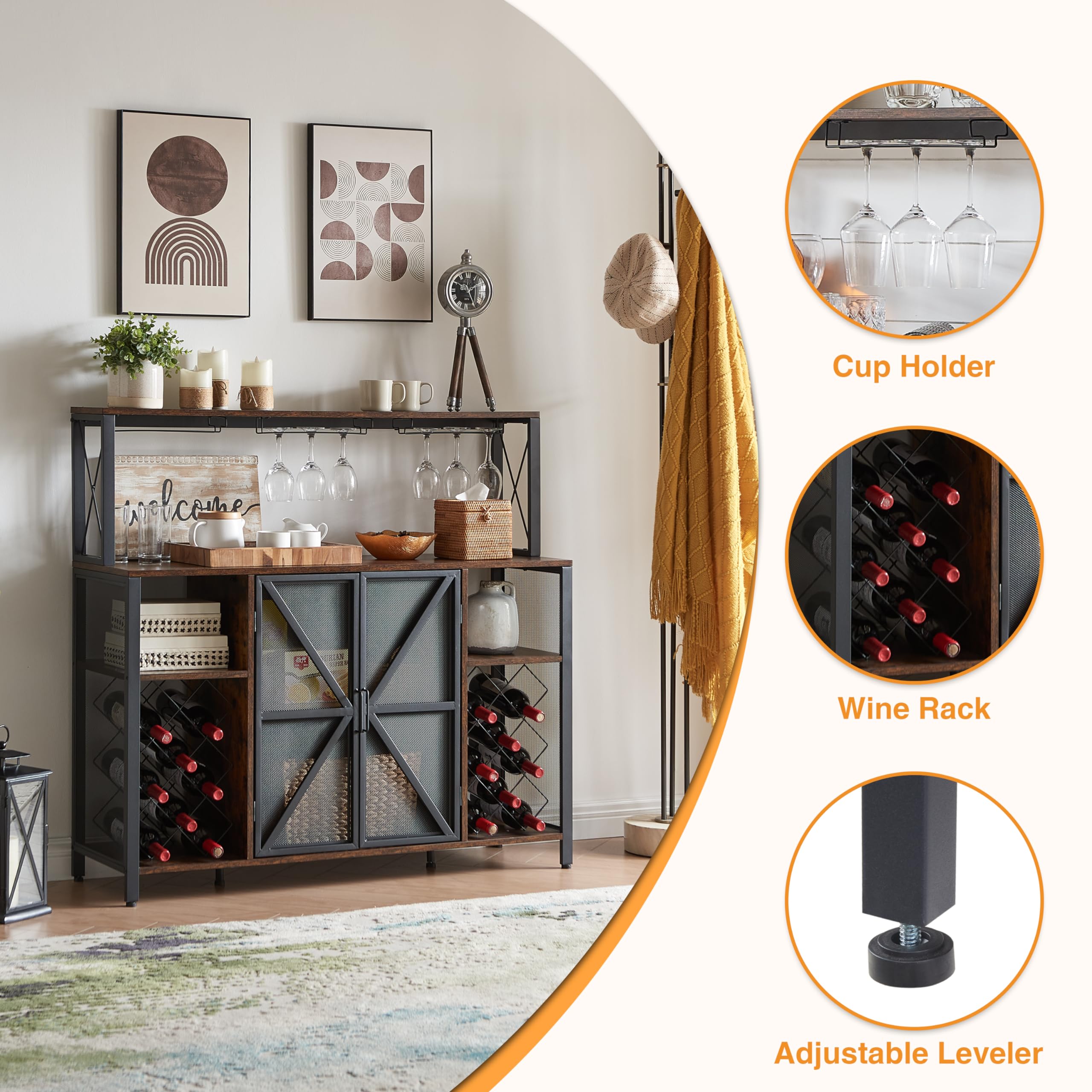 Industrial Coffee Bar Cabinet with Storage - Rustic Brown Sideboard Buffet for Kitchen, Dining Room & Bar | Wine Rack, Glass Holder & Liquor Storage | Perfect for Home Entertaining, Coffee Station & Wine Display (47.2