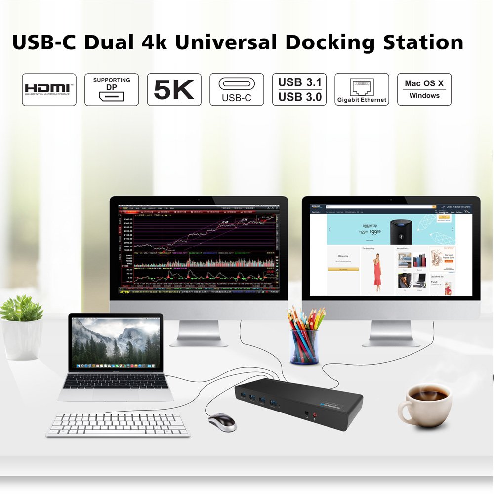 WAVLINK USB C Laptop Docking Station with Dual 4K@60Hz HDMI & DisplayPort, Gigabit Ethernet, 6 USB 3.0 Ports - Universal Laptop Dock for Windows/Mac (DL6950-PD) - Ideal for Home Office & Multi-Monitor Workstations