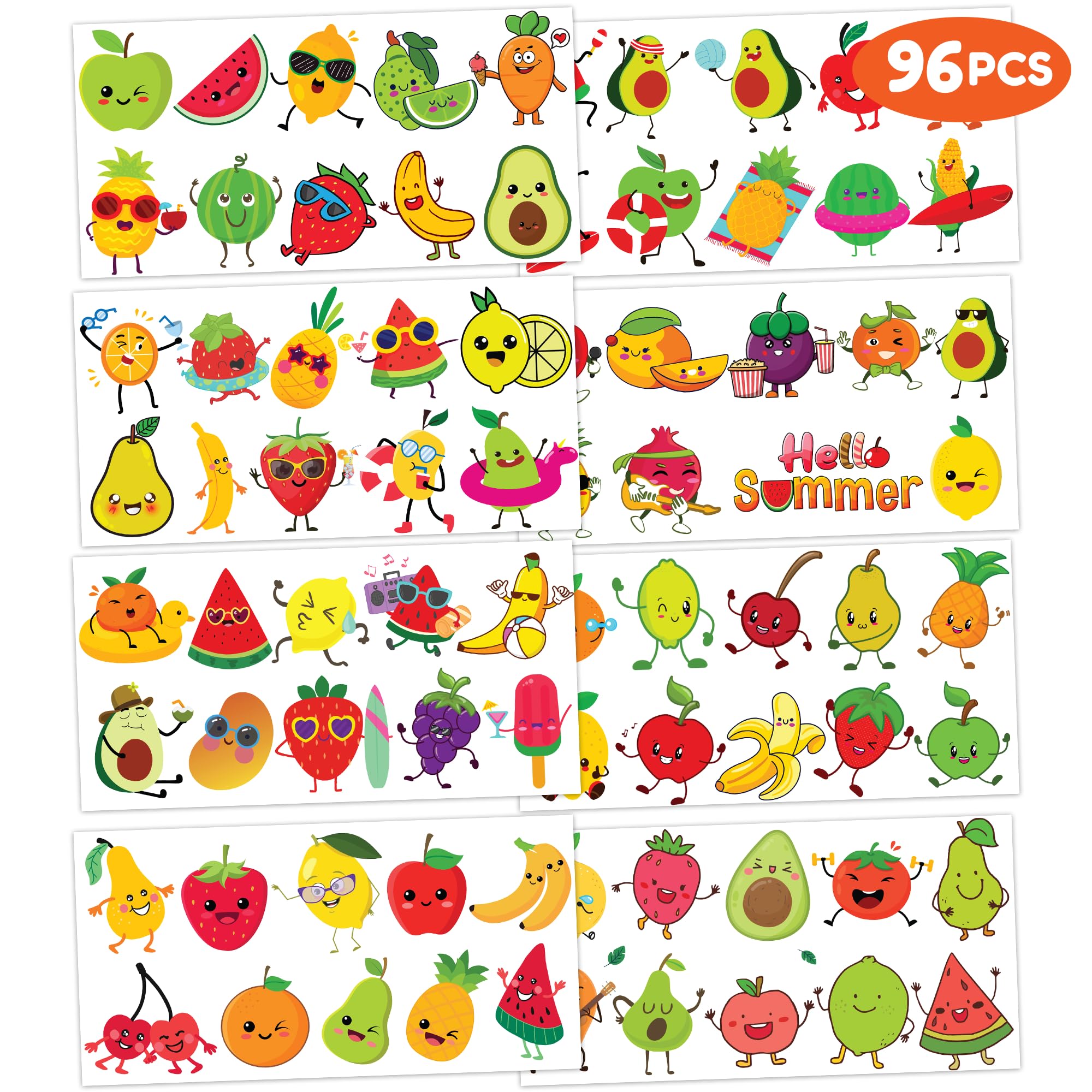 96PCS Fruit Temporary Tattoos for Kids - Summer Party Favors, Cute Lemon Orange Strawberry Watermelon Stickers, Fun Birthday Supplies & School Prizes | Perfect for Pool Parties, Beach Events & Classroom Rewards