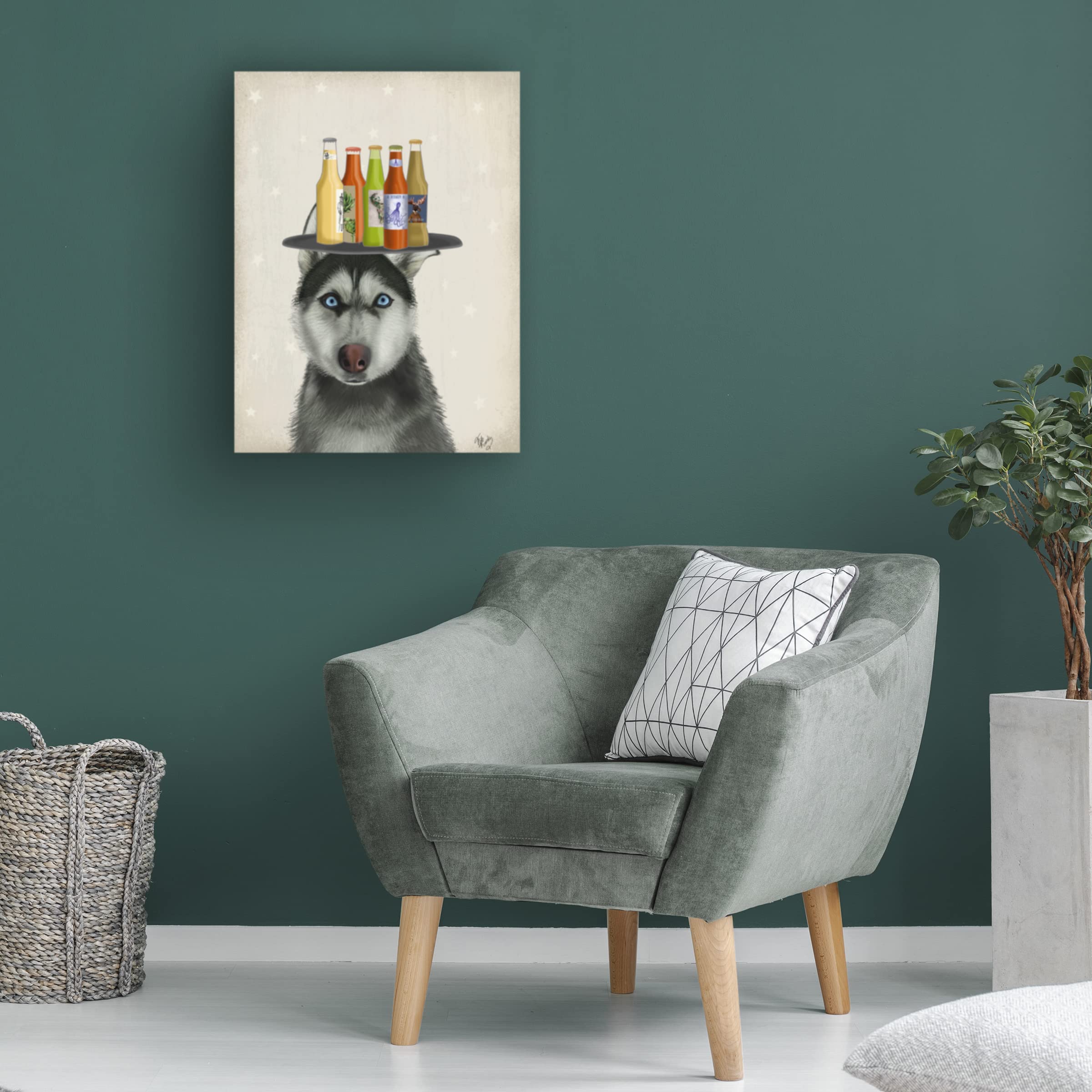 Fab Funky 'Husky 2 Beer Lover' Canvas Wall Art Print - Modern Home Decor for Living Room, Bar & Man Cave - Dog & Beer Enthusiast Gift Idea