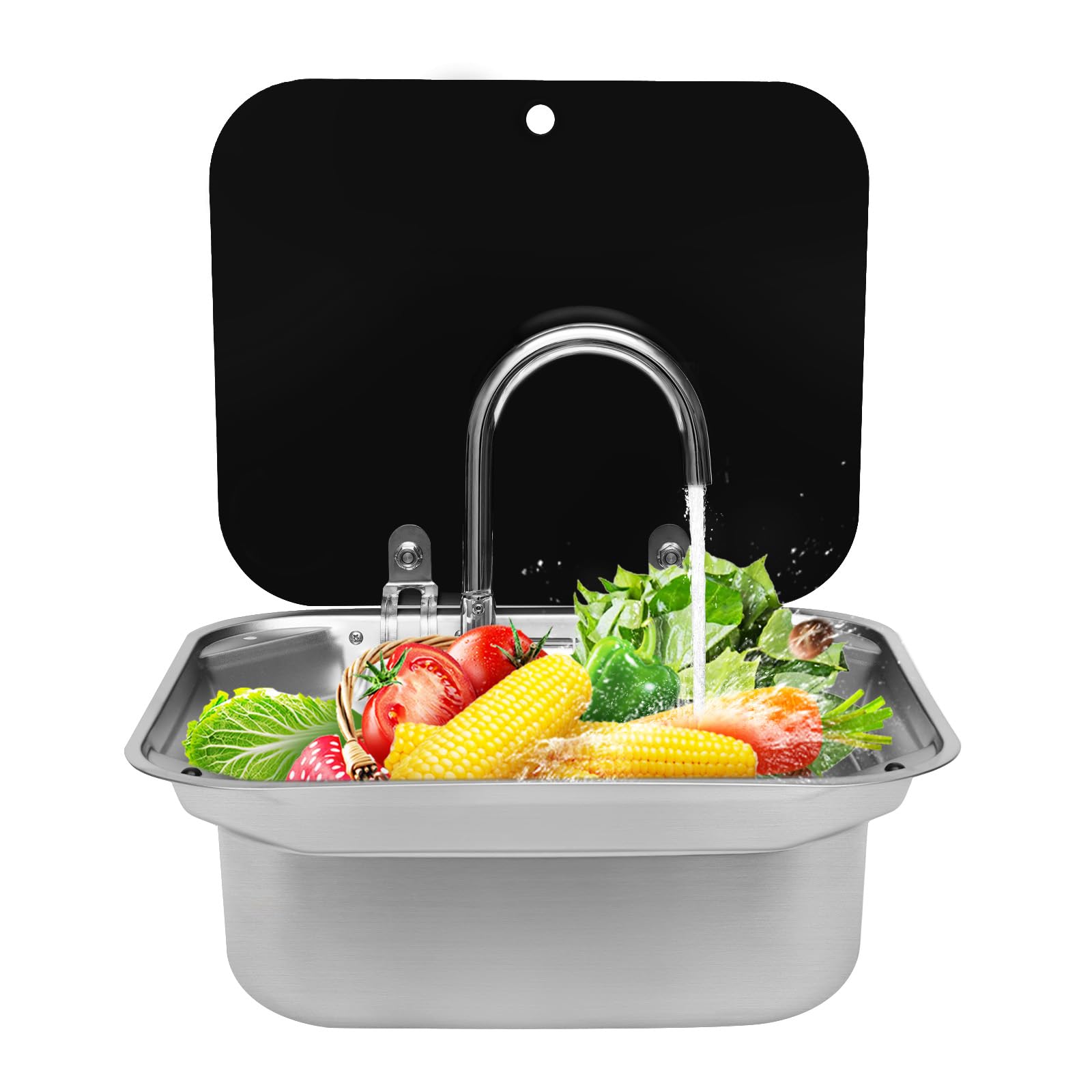 Stainless Steel RV Sink with Rotatable Faucet & Tempered Glass Lid - 5.9