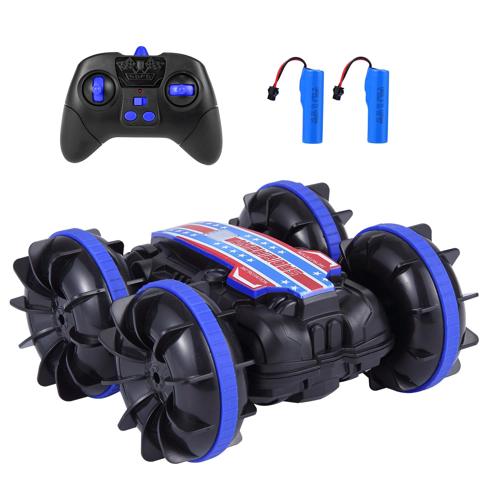 Wpond Amphibious Remote Control Car - 2.4Ghz 360° Rotating IPX7 Waterproof 4WD Stunt RC Vehicle with Dual 1200mAh Batteries | Perfect Gift for Kids 3-12 Years Old | Indoor & Outdoor Play, Pool, Beach, Backyard Fun