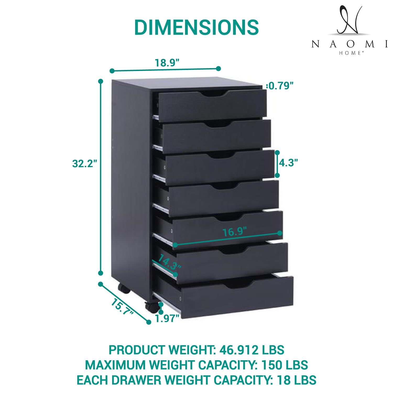 Naomi Home Debbie 7-Drawer Rolling Storage Cabinet - Black | Versatile Organizer for Crafts, Office Files & Home Storage | Mobile Chest for Bedroom, Living Room & Workspace