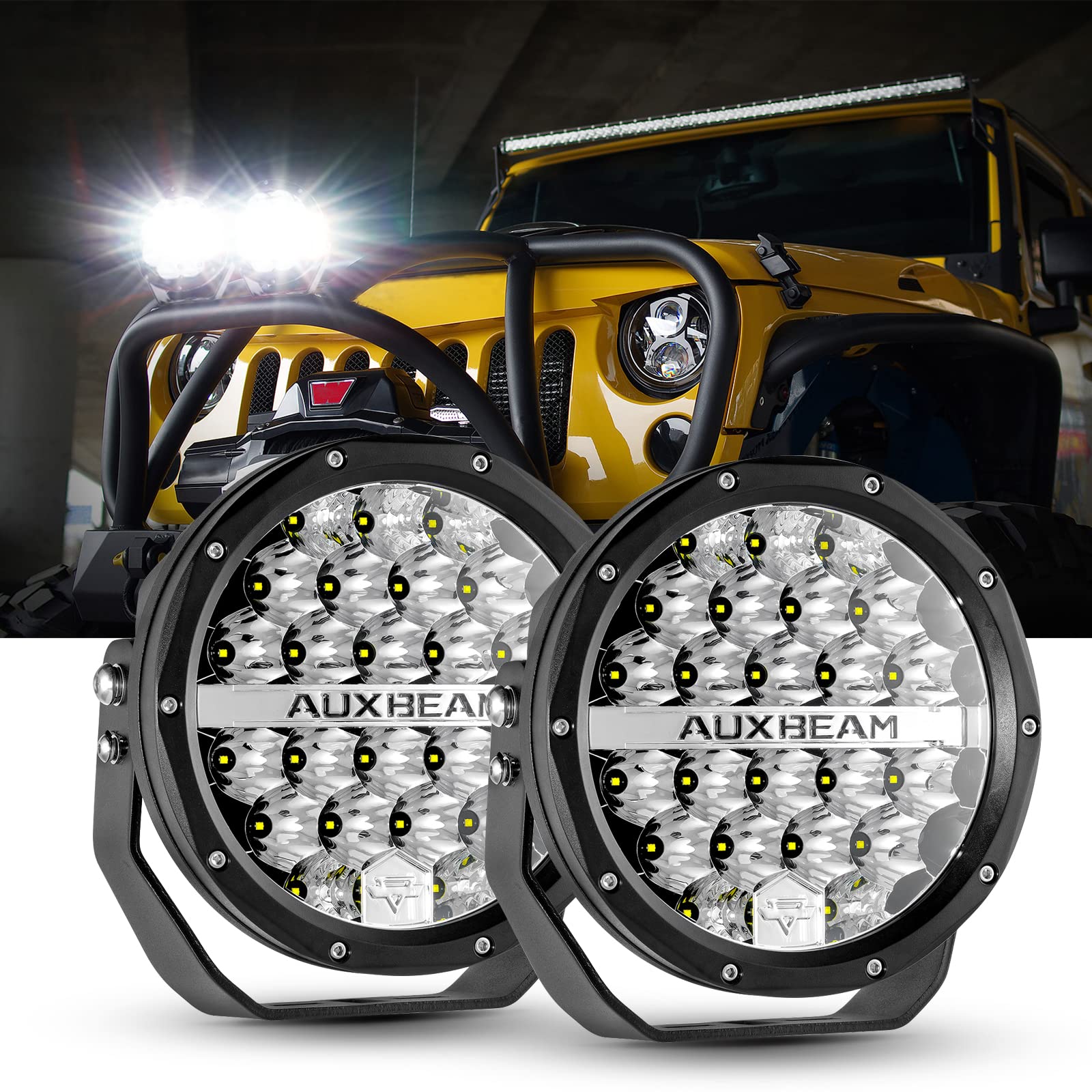 Auxbeam 7 Inch LED Round Driving Light 2PCS - 240W 24000 Lumens Waterproof Offroad Light Pods - Spot Light Bar for Trucks, Jeep Wrangler, Ford F150 - Perfect for Off-Roading, Camping & Night Driving