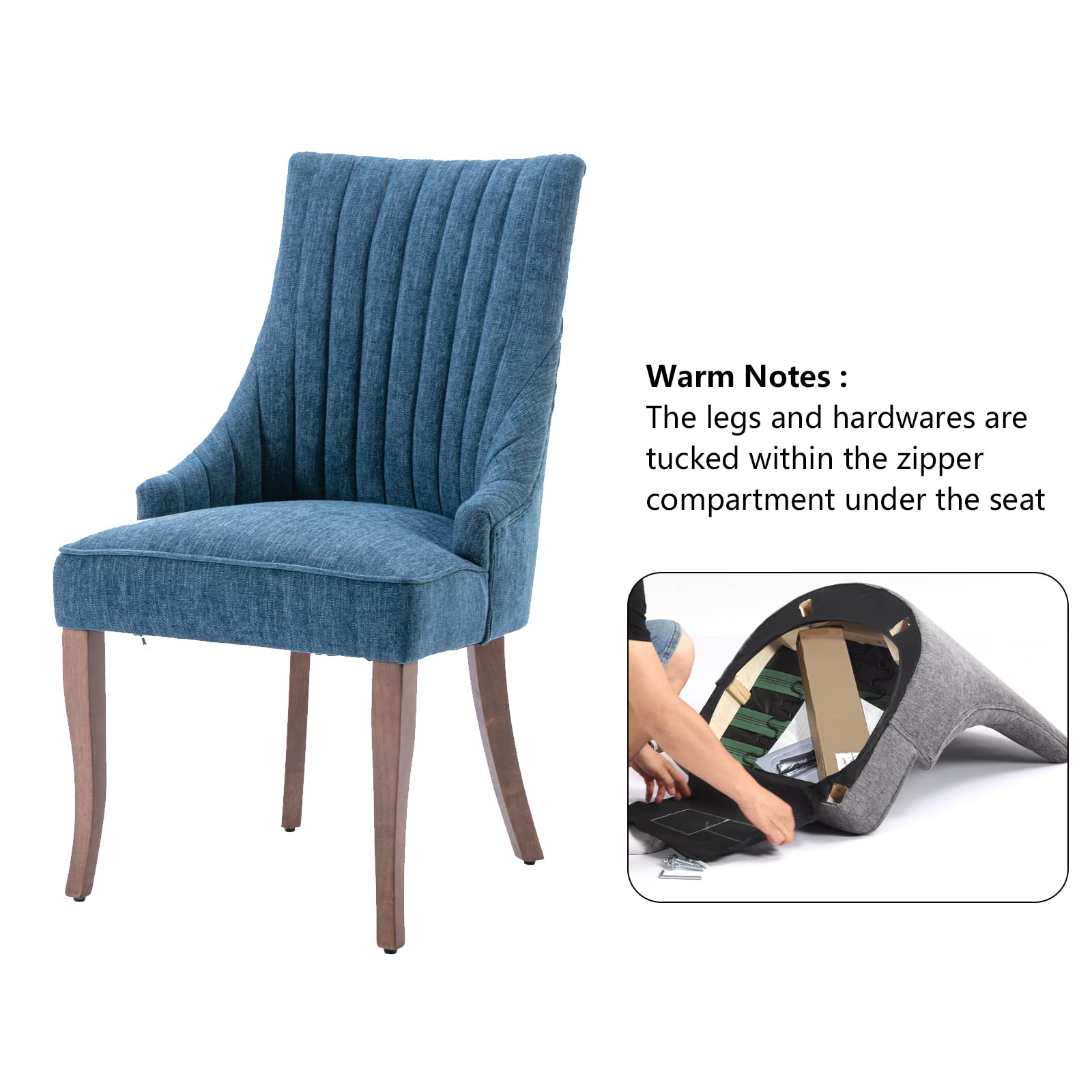 Mikibama Linen Dining Chairs Set of 2 - Channel Tufted Upholstered Kitchen Chairs with Solid Wood Legs, Comfortable Fabric Accent Chairs for Dining Room (Blue) | Perfect for Farmhouse, Modern & Cozy Home Decor