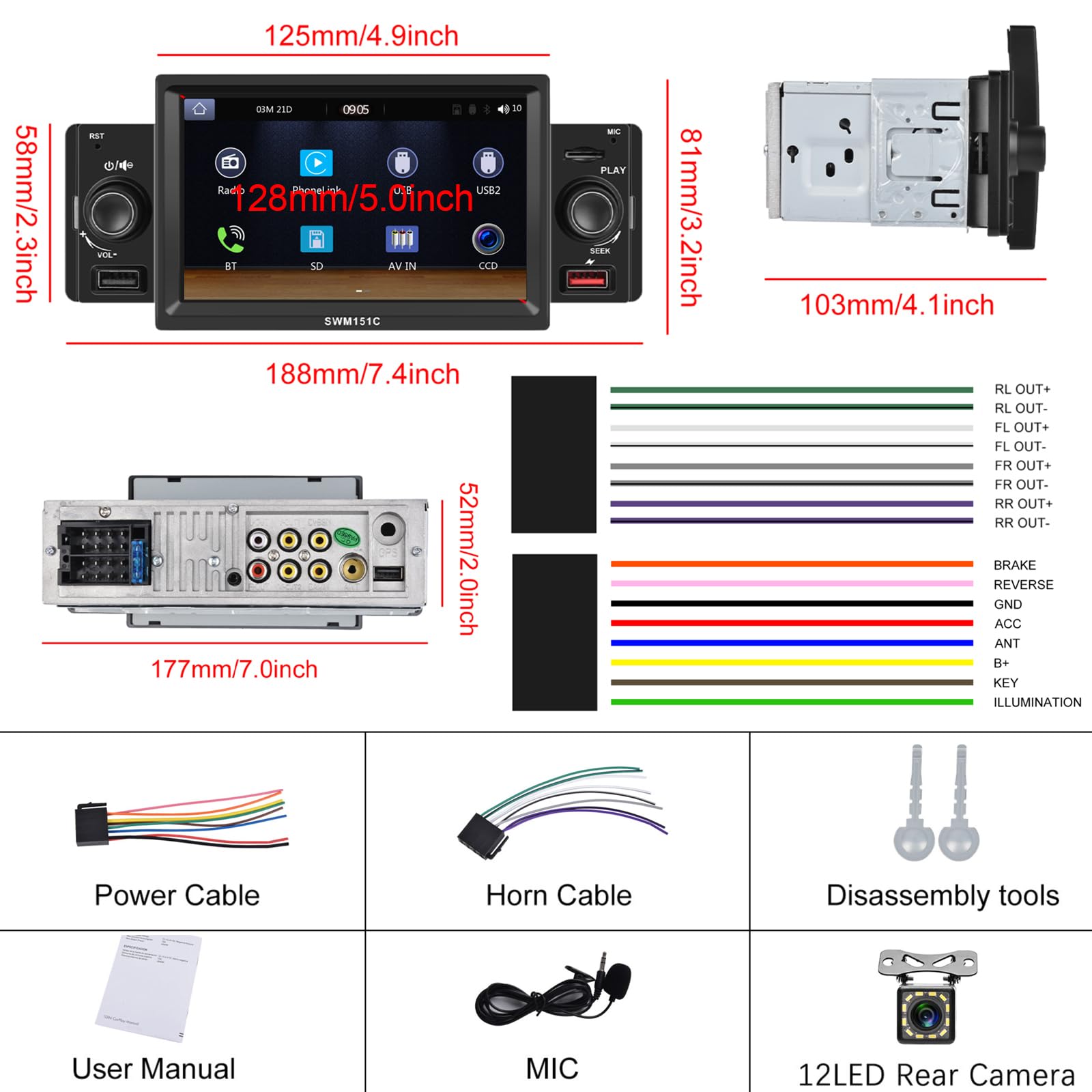 PODOF Single Din Car Stereo with 5