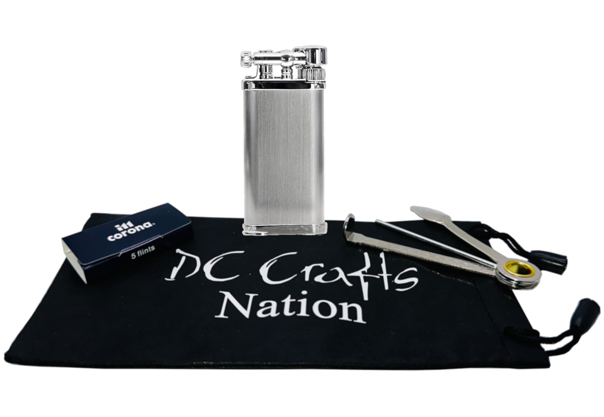 IM Corona Old Boy Pipe Lighter with DC Crafts Pipe Bag, Czech Pipe Tool & 5 Flints - Hairline Chrome Finish | Premium Tobacco Pipe Accessories for Smokers & Collectors | Perfect for Outdoor Use, Travel & Gifts