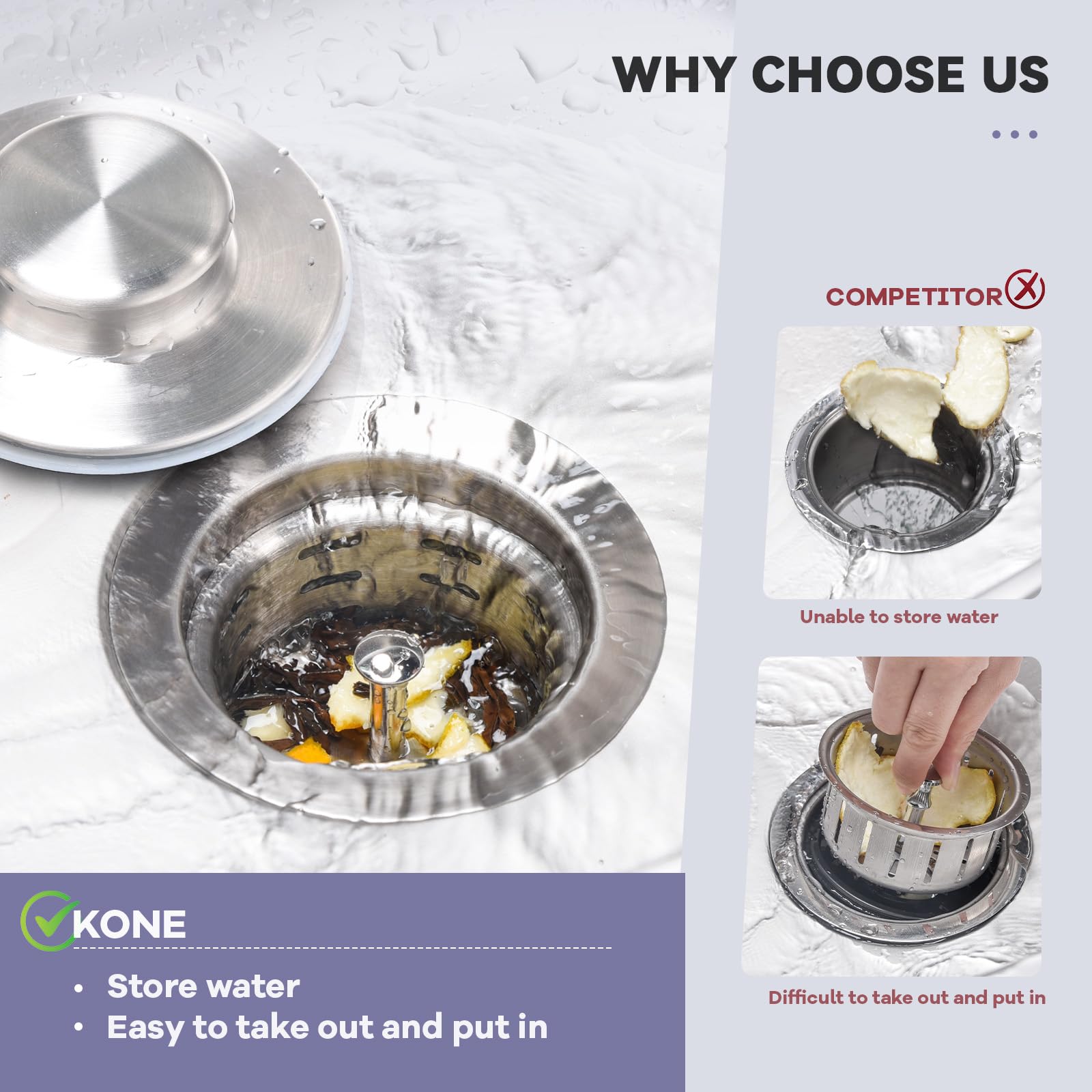 KONE Extended Garbage Disposal Flange with Strainer & Stopper - 304 Stainless Steel Kitchen Sink Flange for 3-1/2