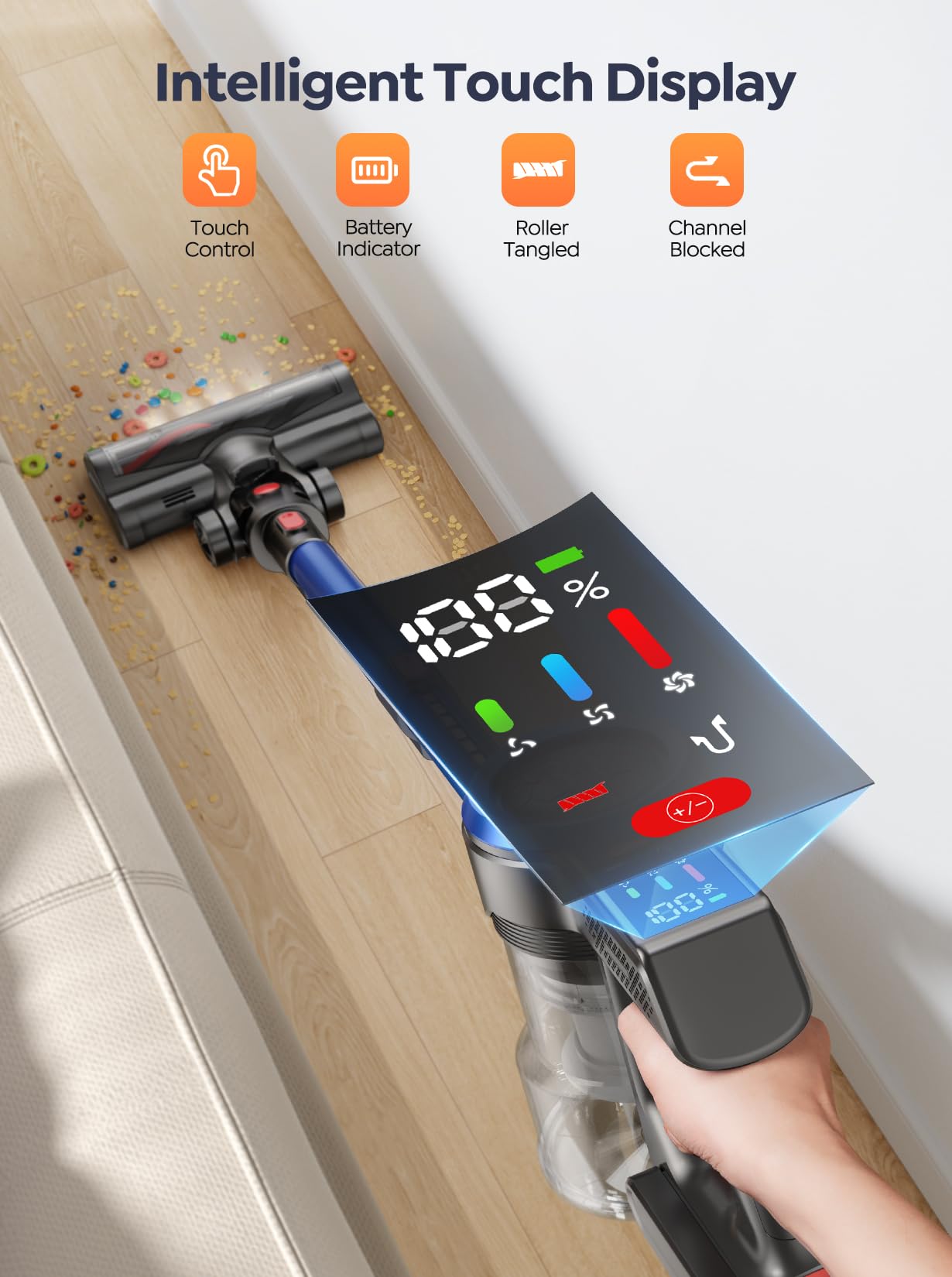 Powerful 450W Cordless Vacuum Cleaner with 40Kpa Suction & 55 Min Runtime - Lightweight Stick Vacuum for Hard Floors, Carpets & Pet Hair - Rechargeable Wall Mount & Touch Display - Perfect for Home Cleaning & Pet Owners