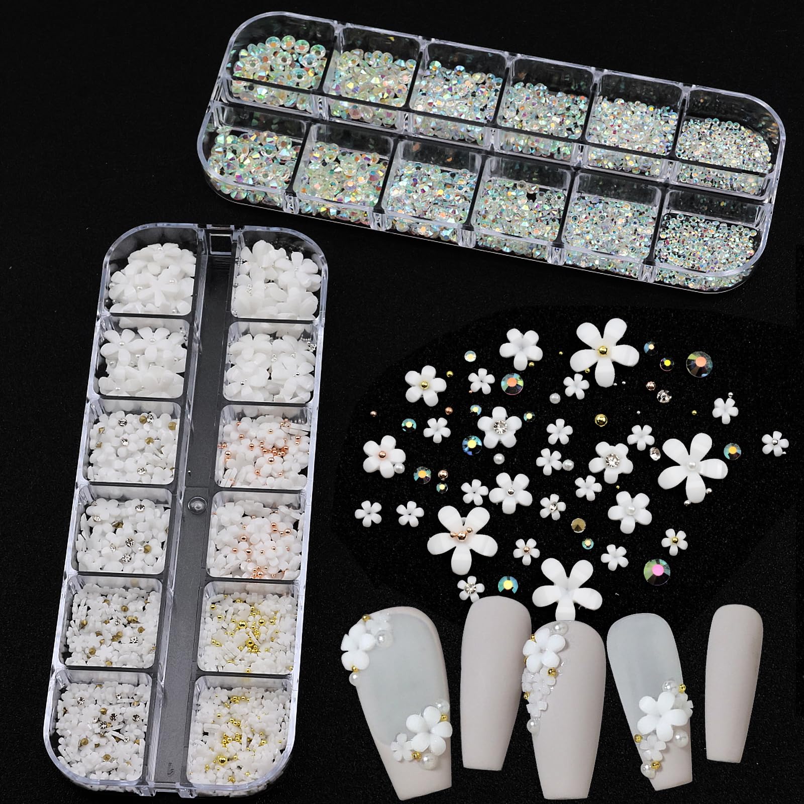 VOTACOS Flatback Nail Art Rhinestones - Flower Nail Charms with AB Rhinestones, Glue Gel for Nail Decor - White Nail Supplies & Clear Nail Gems for Bedazzling, Crafting, Women Nail Design - Perfect for DIY Manicures, Nail Salons & Party Nail Art