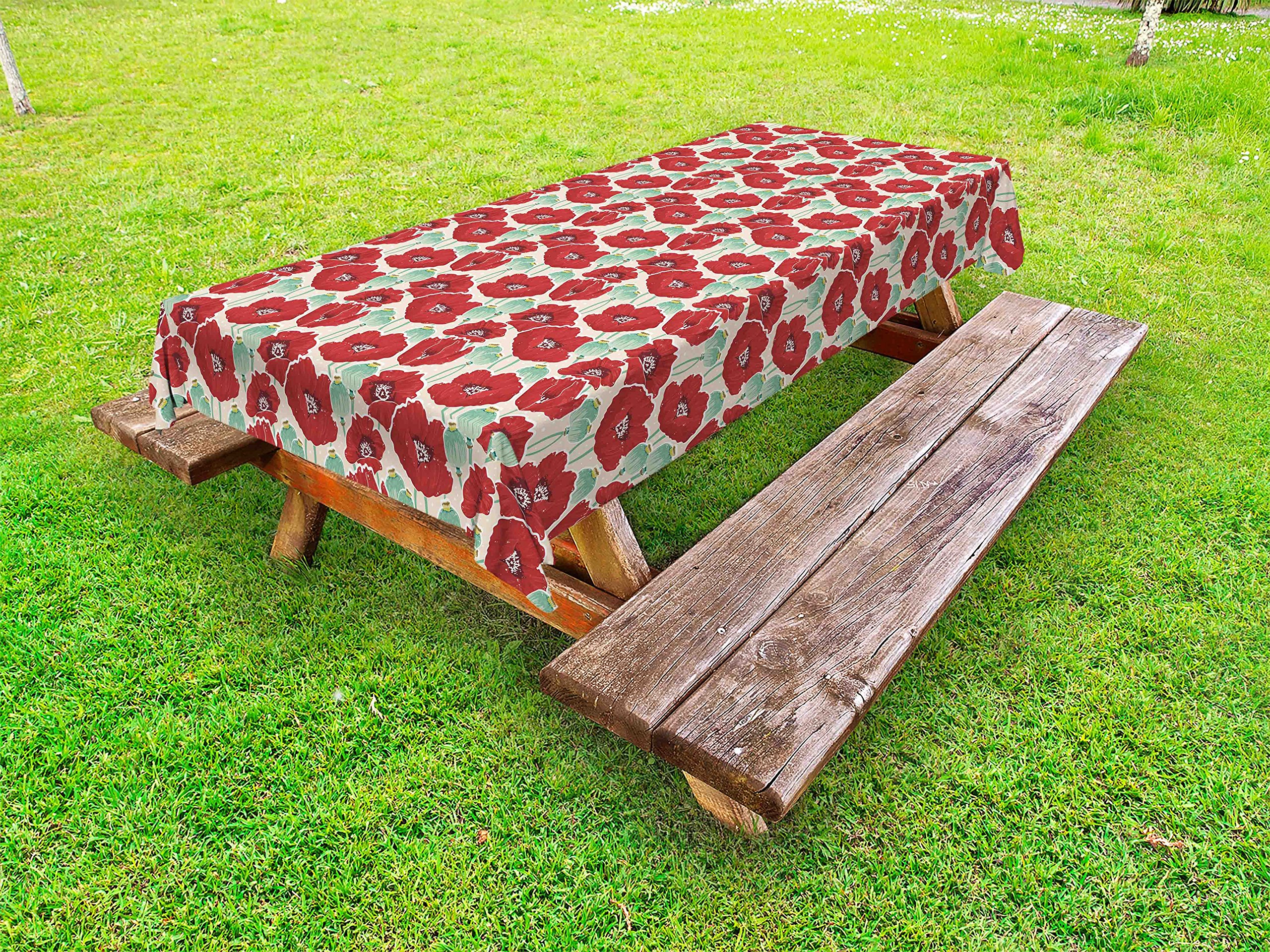 Ambesonne Poppy Flower Outdoor Tablecloth - Spring Garden Design with Red Blossoms & Dots, Washable Picnic Table Cover, 58