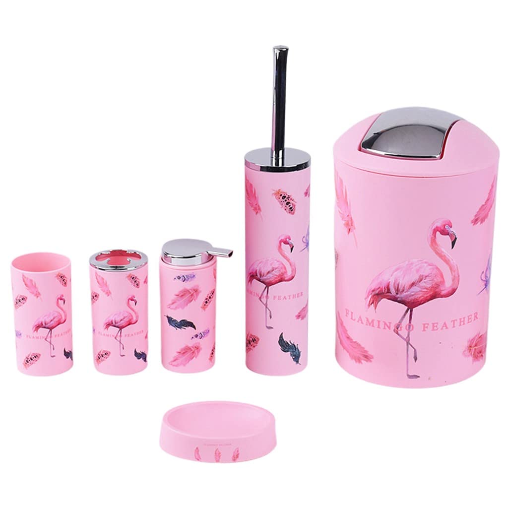 Junlucki 6-Piece Flamingo Pattern Soap Dish Dispenser Set - Bathroom Organizer with Tumbler for Shower, Sink Counter & Spa Decor (Color: A)