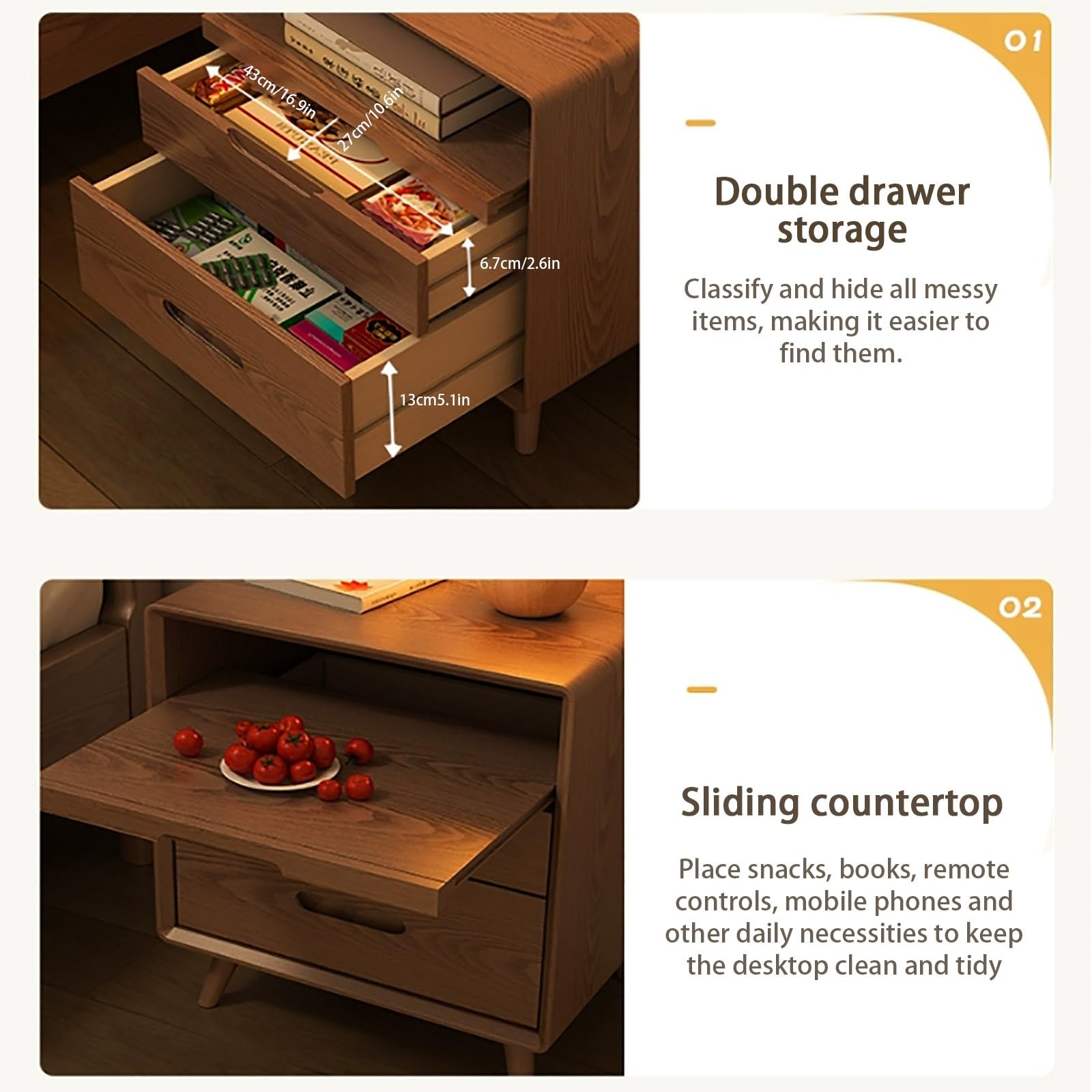 Solid Wood Mid-Century Modern Nightstand with Double Storage Drawers - Scandinavian Style Bedside Table with Pull-Out Top - Retro Wooden Coffee Table for Bedroom (Wood Color) - Perfect for Small Spaces & Apartment Living