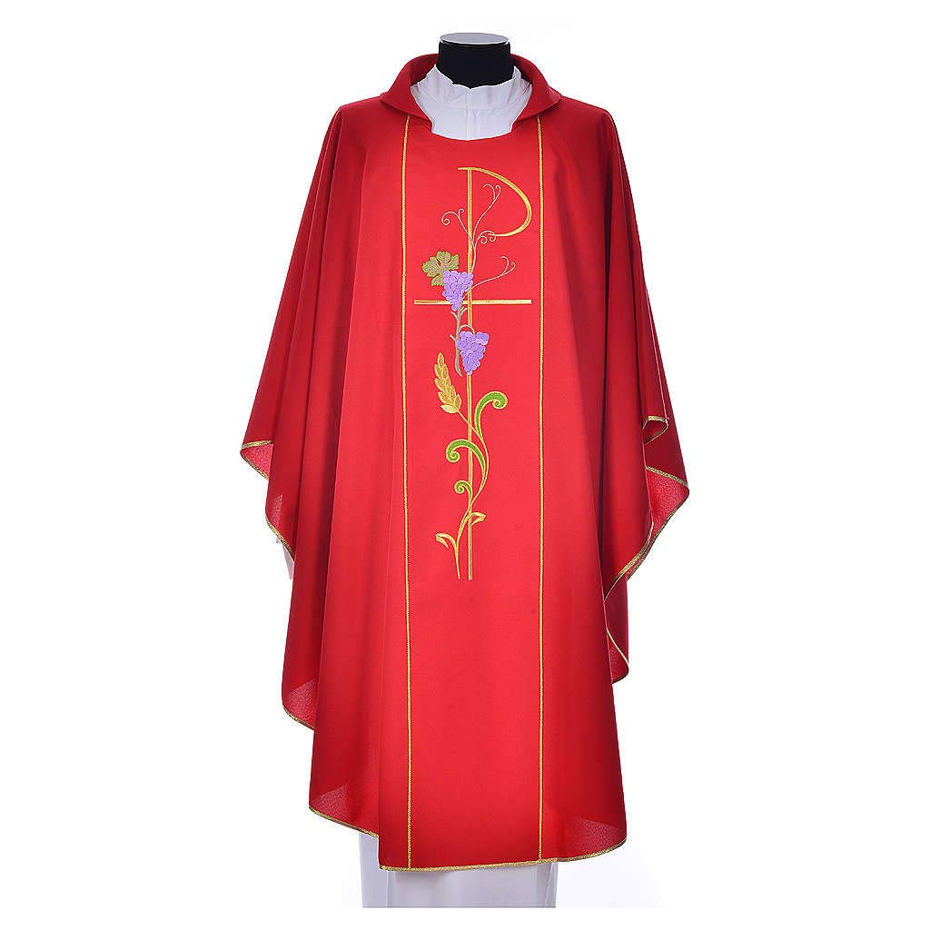 100% Polyester Chasuble with Chi-Rho, Ears of Wheat & Grapes Design - Red Liturgical Vestment for Catholic Mass, Communion & Church Services