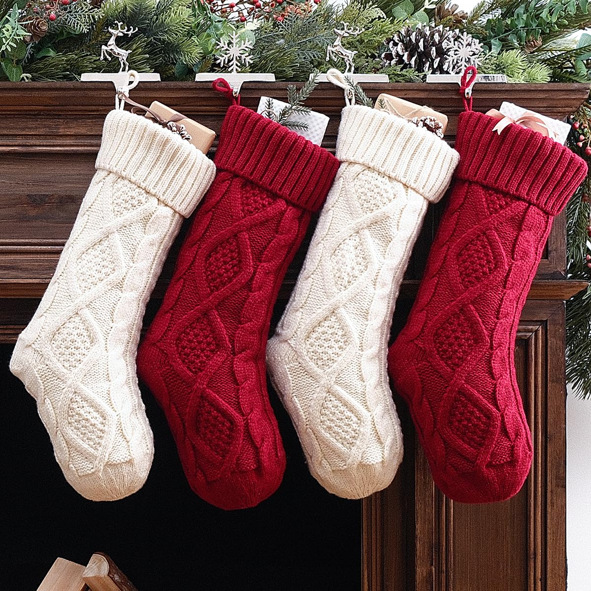 Christmas Stockings 4 Pack - 18 Inch Large Cable Knit Knitted Stockings for Holiday Decor | Rustic Farmhouse Xmas Decorations for Family | Burgundy Red & Cream White Stockings - Perfect for Fireplace Mantel, Staircase, and Country Home Holiday Decor