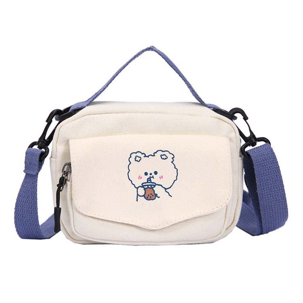 Japanese Vintage Bear Shape Small Canvas Bag - Cute Solid Color Messenger Shoulder Bag for Women & Girls (White) - Perfect for School, Travel, and Everyday Use