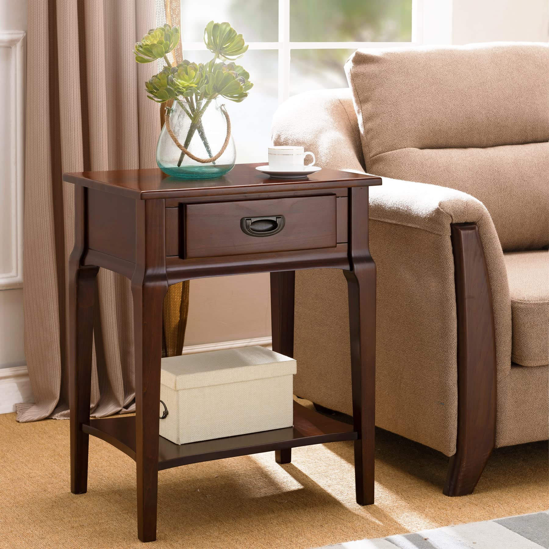 Leick Home 22022 Stratus One Drawer Nightstand with Shelf - Heartwood Cherry Finish Bedside Table for Bedroom, Living Room & Office