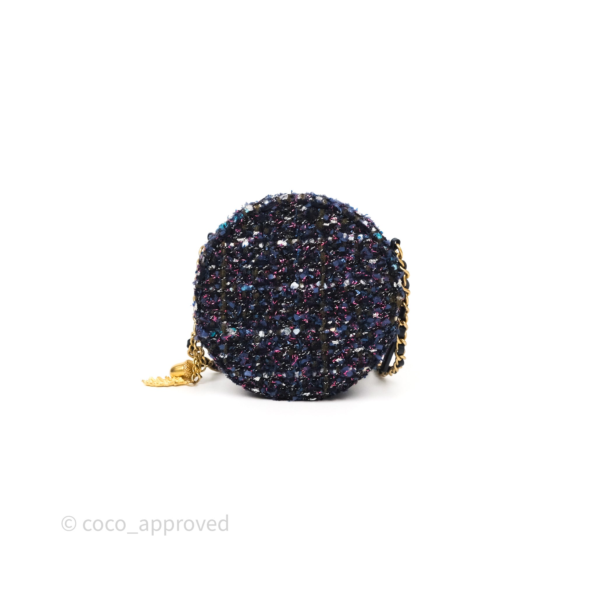 Chanel Navy Purple Tweed Round Clutch Bag with Chain & Aged Gold Hardware - Elegant Evening Clutch for Parties, Weddings & Special Events
