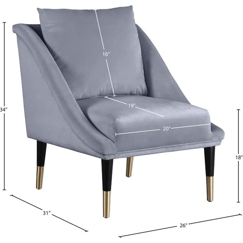 Meridian Furniture Elegante Collection Modern Velvet Accent Chair - Gold Capped Black Wooden Legs, Grey (26