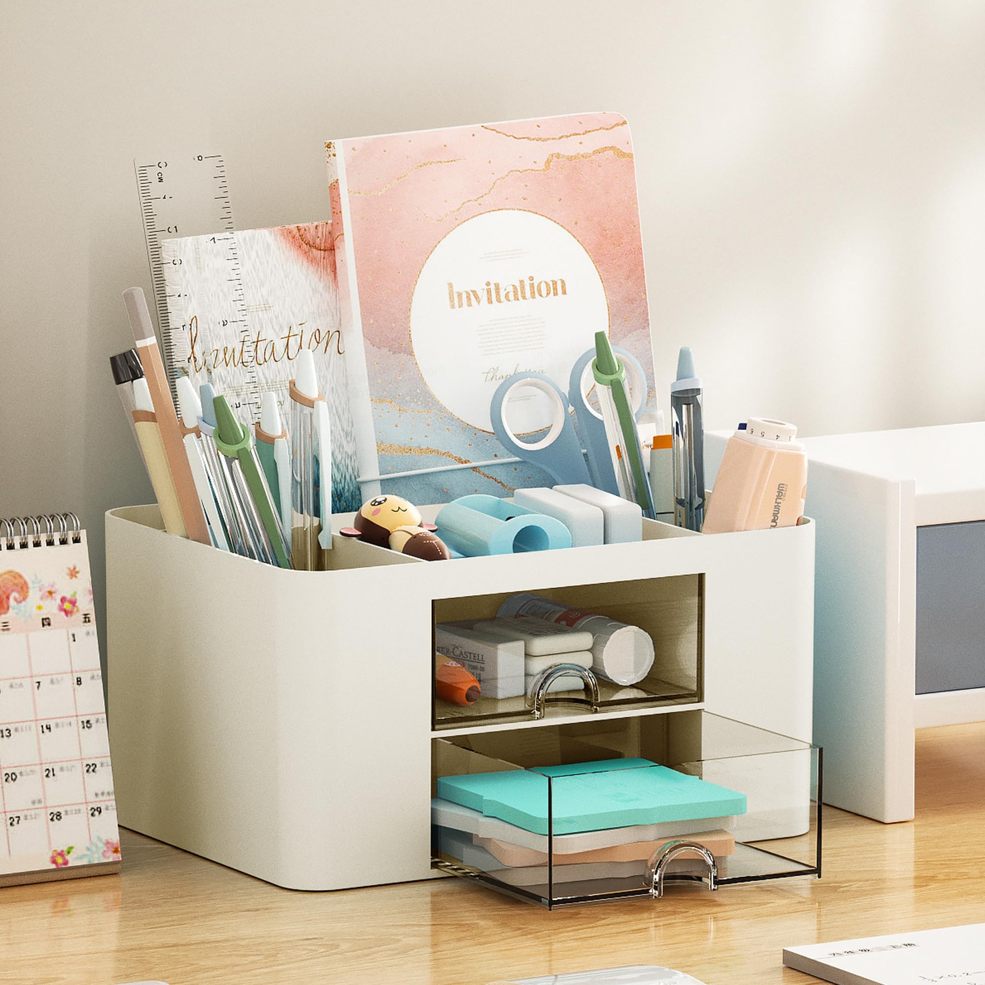Marbrasse 2-Drawer Pen Organizer - Multi-Functional Desk Pencil Holder with 5 Compartments for Office & Art Supplies (Beige) - Perfect for Home Office, School & Craft Room Organization